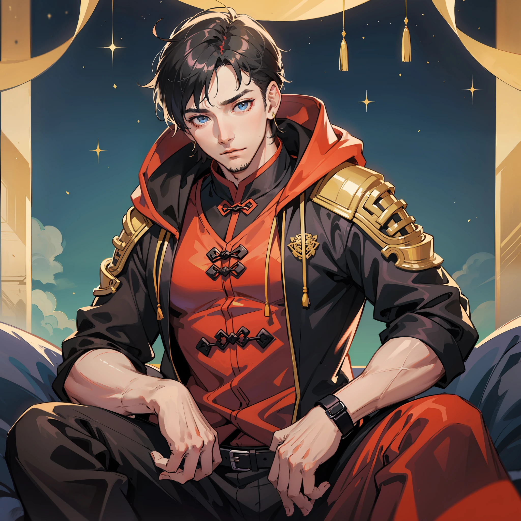 muscular boy, masculine face, wild, masculine, valiant, handsome, rugged, hoodie, modern chinese traditional costume, rapper king, pectoral muscles, abs, cool atmosphere, sitting, solid posture, fashionista, stylish, colorful, individual, cantonese, singing, dancing, sky with stars shining like dreams, silent night book, starry sky blooming brightly, The border between whispering dreams and confusion, Cantonese pride