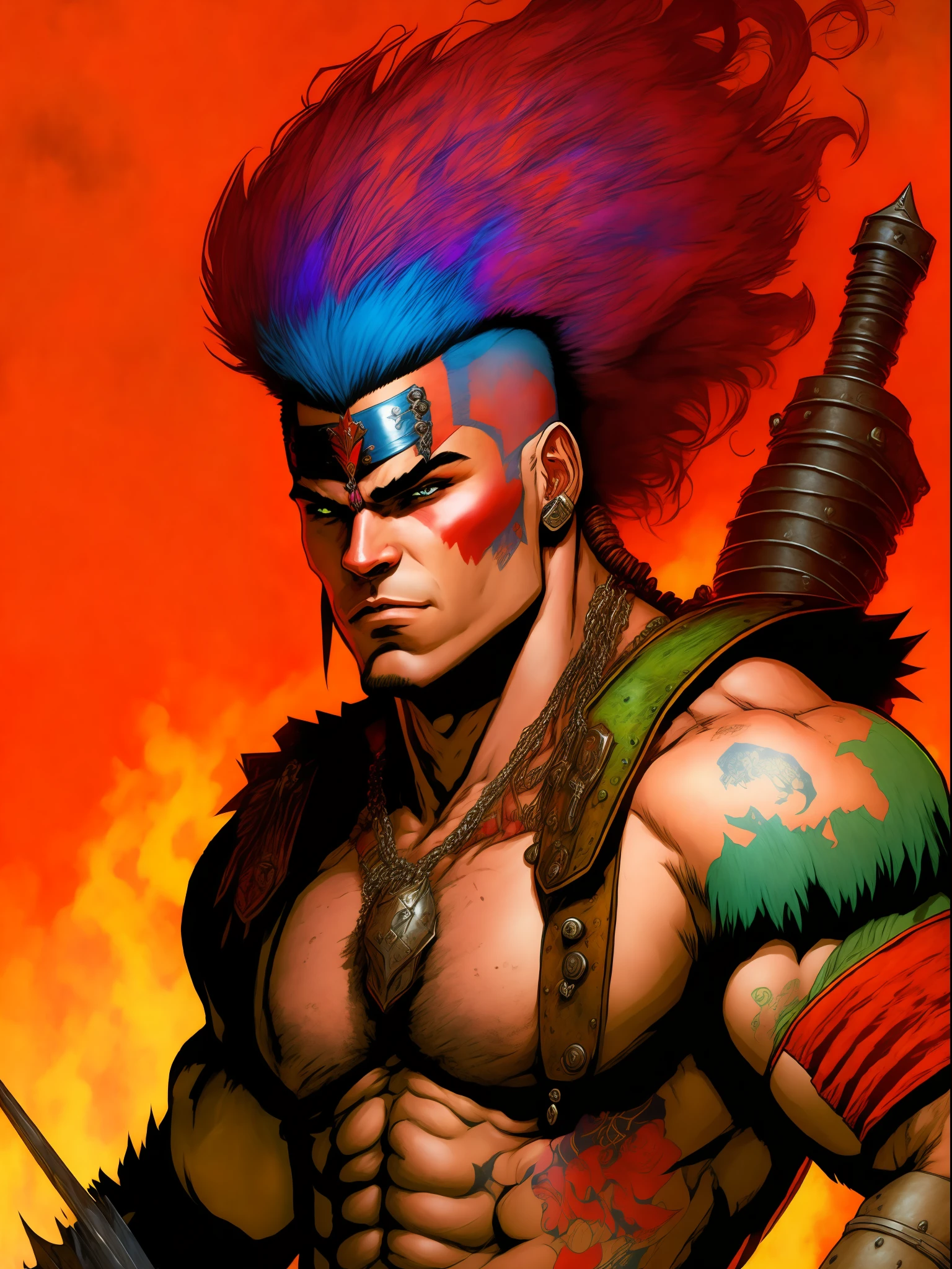 A muscular 23-year-old warrior is almost topless in Simon Bisley's style, Heavy Metal style, colorful mohawk hair, chunky iron bracers, warm and short-colored clothes