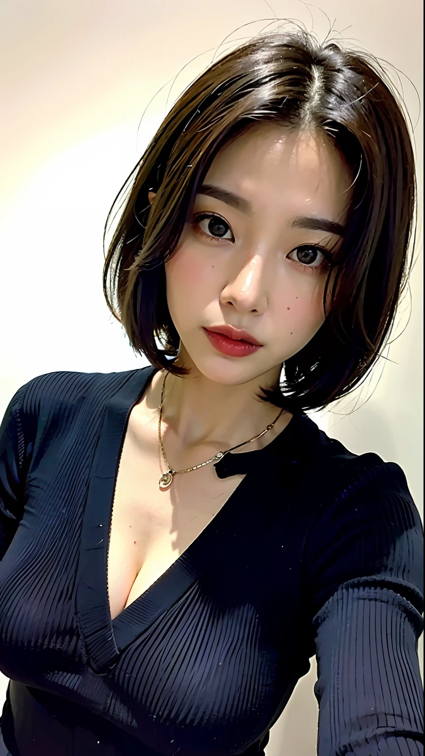 (Best quality, 8k, 32k, Masterpiece, UHD:1.2),Photo of Pretty Japanese woman, large breasts, very short bob hair,upper body,face focus,oversized_sweater, necklace, simple background, from above, looking at viewer,