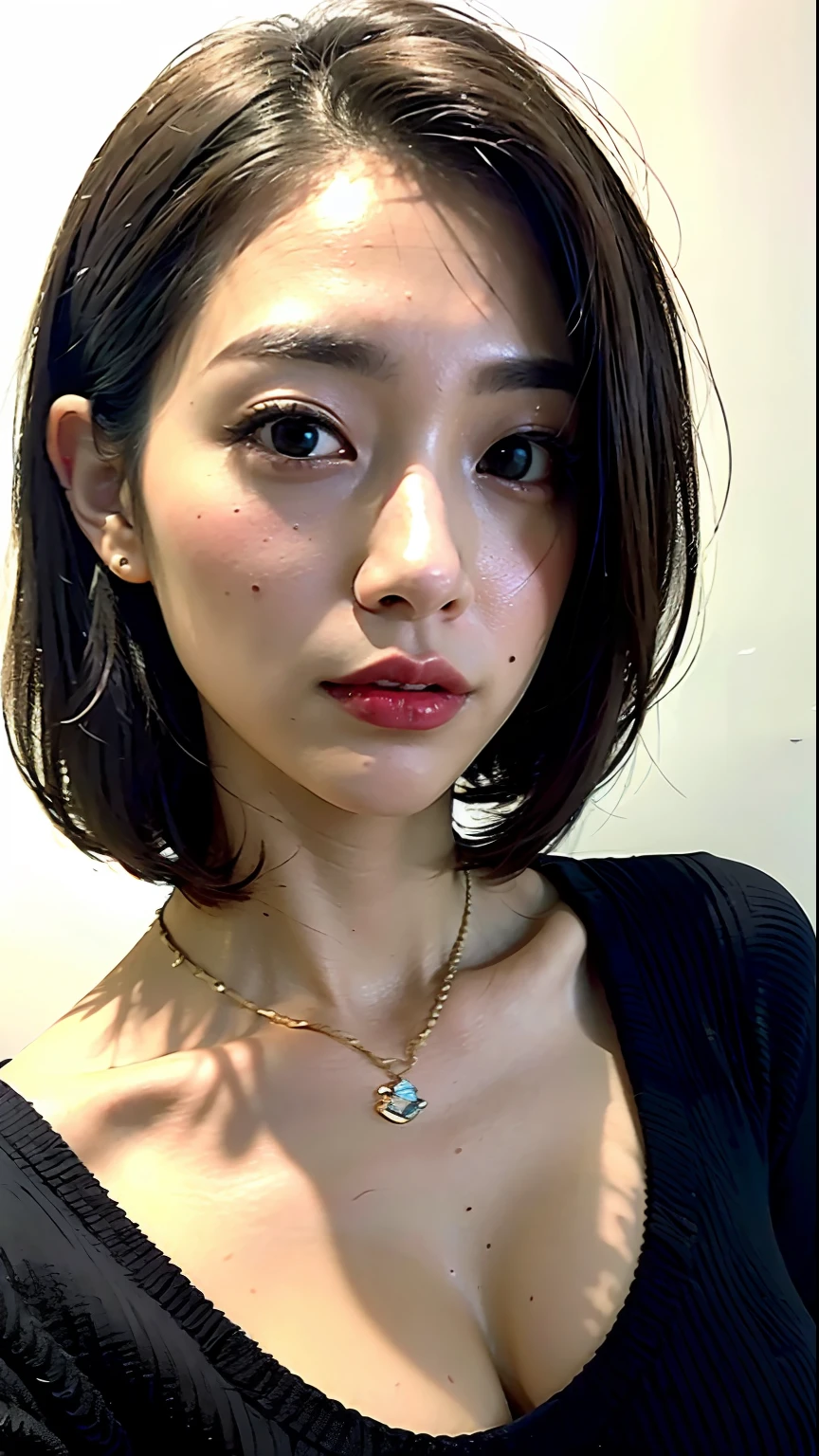 (Best quality, 8k, 32k, Masterpiece, UHD:1.2),Photo of Pretty Japanese woman, large breasts, very short bob hair,upper body,face focus,oversized_sweater, necklace, simple background, from above, looking at viewer,