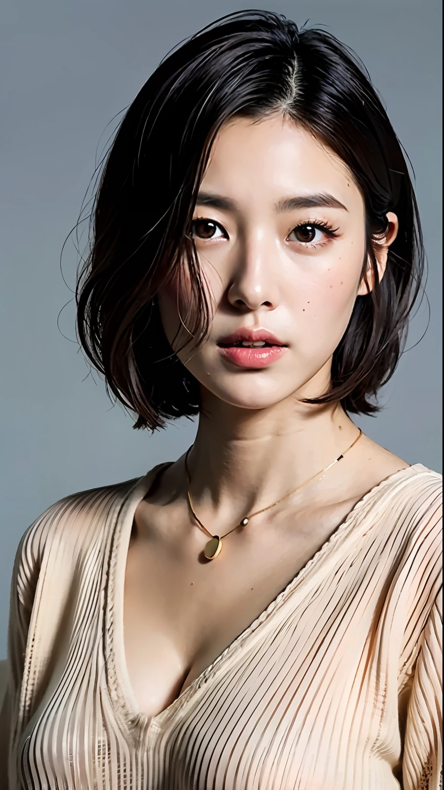 (Best quality, 8k, 32k, Masterpiece, UHD:1.2),Photo of Pretty Japanese woman, large breasts, very short bob hair,upper body,face focus,oversized_sweater, necklace, simple background, from above, looking at viewer,