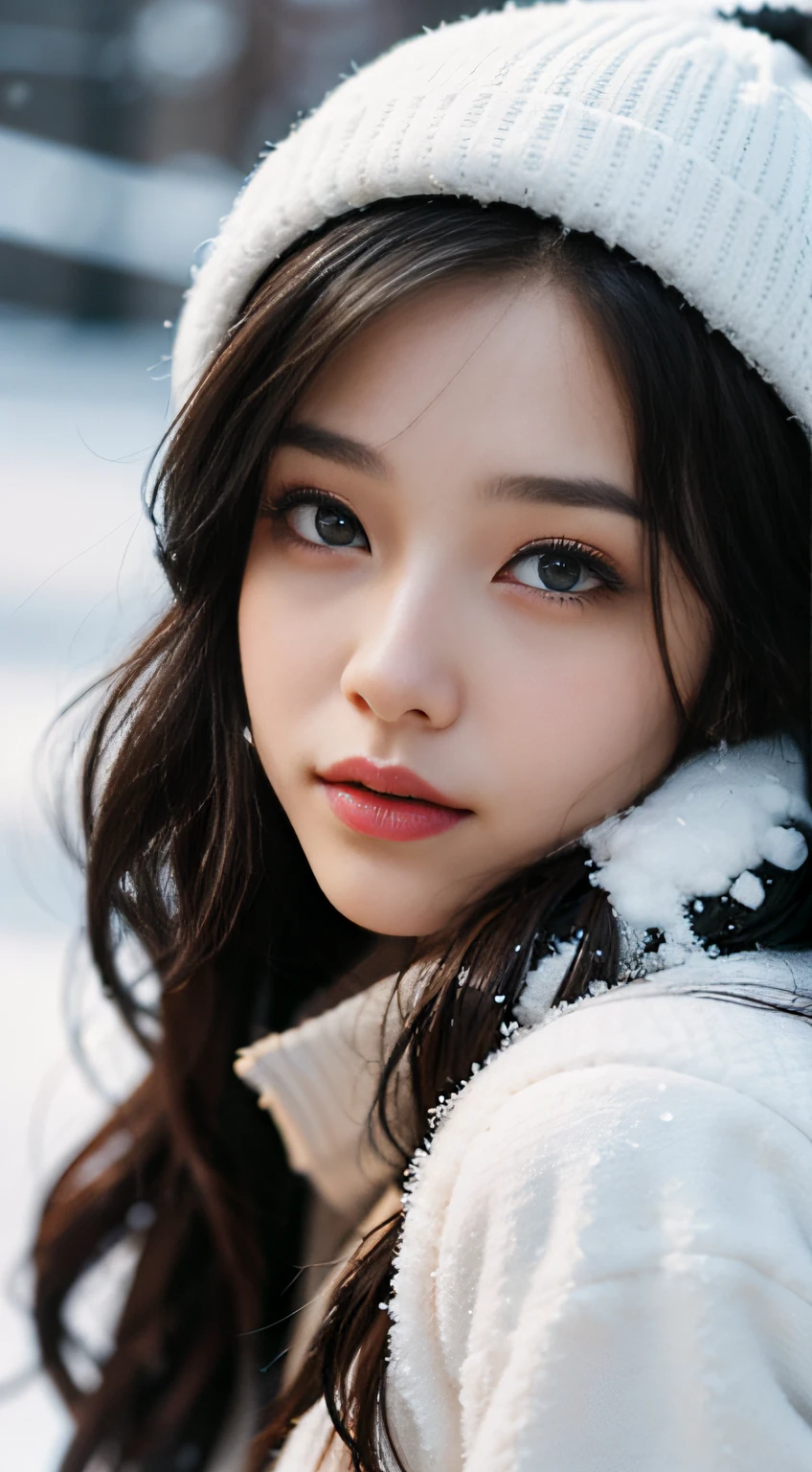 ski resort, snow, outdoor, film portrait photography, 1girl, wavy shoulder length hair, ski wear, calm, gentle, (realistic detailed eyes, natural skin texture, realistic face details), soft dramatic lighting, depth of field, bokeh, vivid detail, detail, ultra realistic, 35mm film, blur