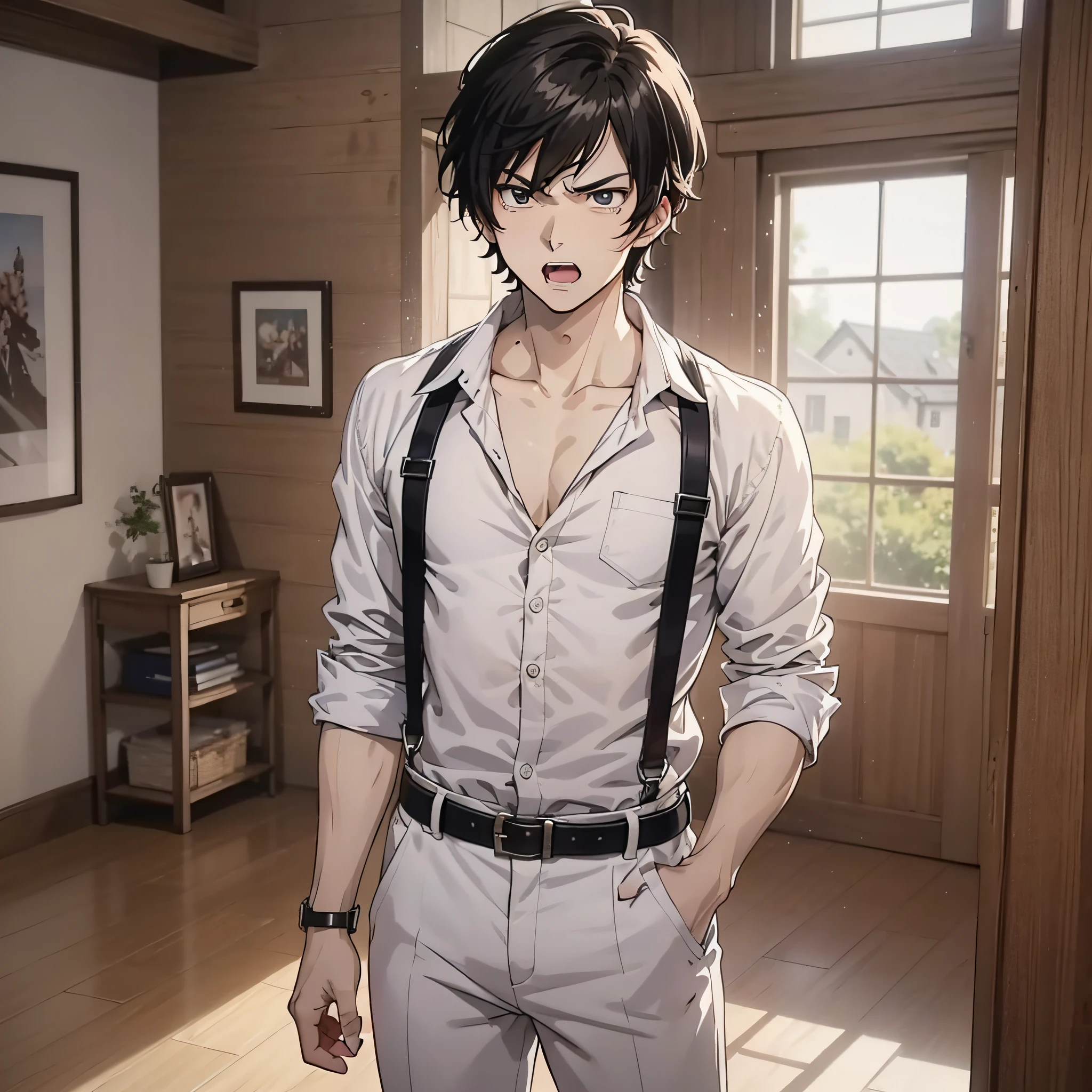 An anime young man with short black hair and a white shirt around 18 years old, (frown expression 1.5) (angry roar 1.2) (open mouth yelling 1.5) (background is the village room 1.5) anime style 4 K, anime rendering, anime style. 8K, handsome anime face, handsome costume boy (upper body display 1.5) (handsome boy 1.3) (movie grade light 1.5