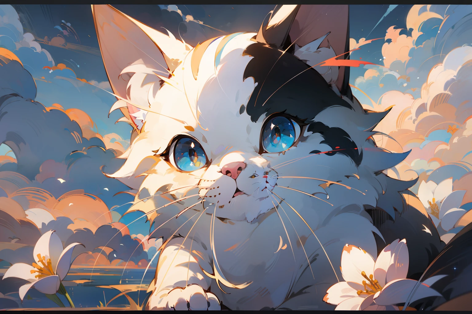 Cute white puppet cat, Hayao Miyazaki dream style, surrealist animal illustration, outdoor, sky, white clouds, bow, flowers, meiji art, light color color painting, rich layers, realistic figurative painting, realistic hyper-detail portrait style, neo-traditional japan, soft edges, fantastic illustration, (very detailed CG unity 8k wallpaper), clean background, natural light, best quality, hyperdetail
