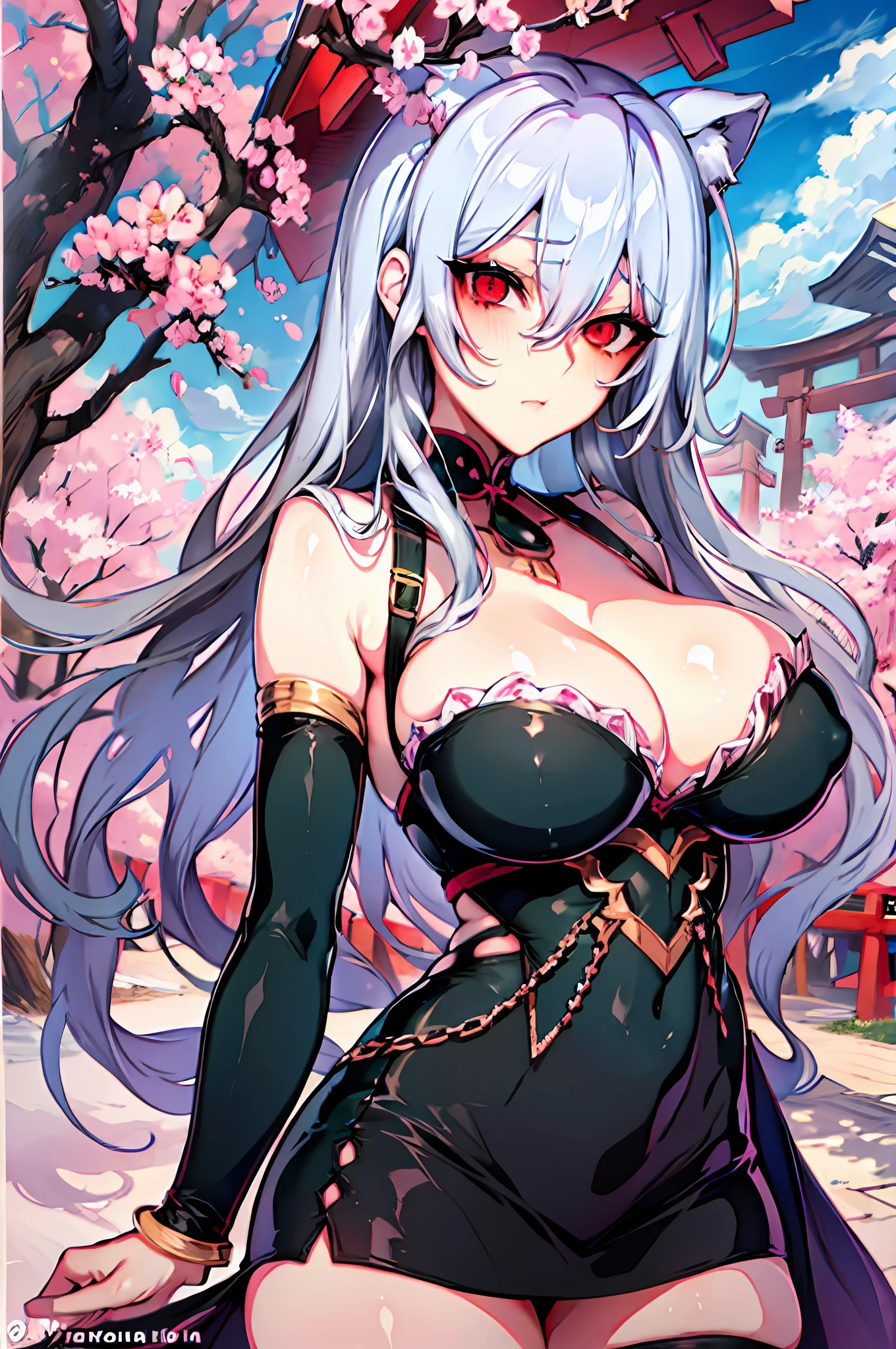 masterpiece, best quality, high_resolution, fine detail, very detailed and beautiful, distinct_image, 1个女孩, Solo, ,silver-haired,front-facing, red eyes, (huge breasts), (),miniskirt,thighhigh, curvaceous,torii,cherry blossom,