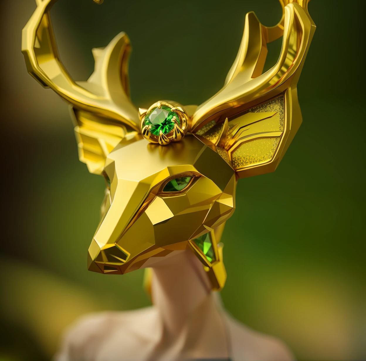 a close up of a deer head with a green and gold ring, gold green creature, 9 k, 9k, 20k, horned, gold and green, gold, anthropomorphic deer male, gold plated, gold jewerly, jewel, pendant, 24k, anthropomorphic female deer, jewelry, chaumet style