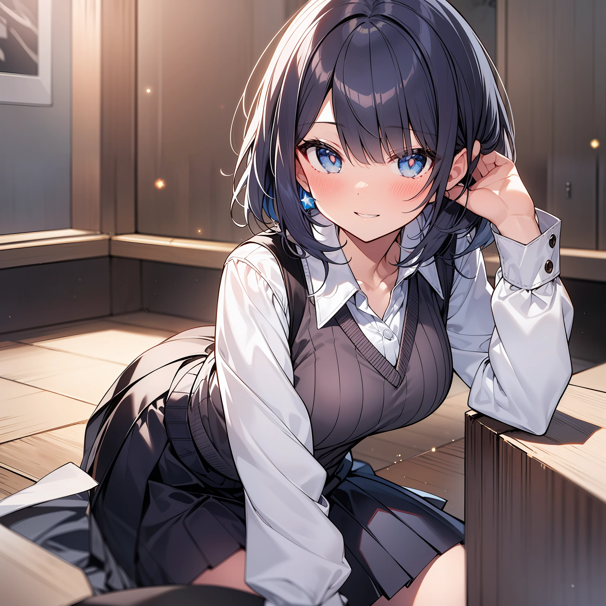 No background,One girl, Solo, Shirt, Skirt, Blue eyes, Blushing, White shirt, Watching the audience, Long sleeves, Pleated skirt, Collared shirt, Sweater vest, Uniform, Closed lips, Bangs, Stars, Short hair, Straight hair, Shoulder hair, Smile, Star-shaped pupils, Dark blue hair, Round eyes, beautiful detailed deep eyes, nice big eyes, smooth hair