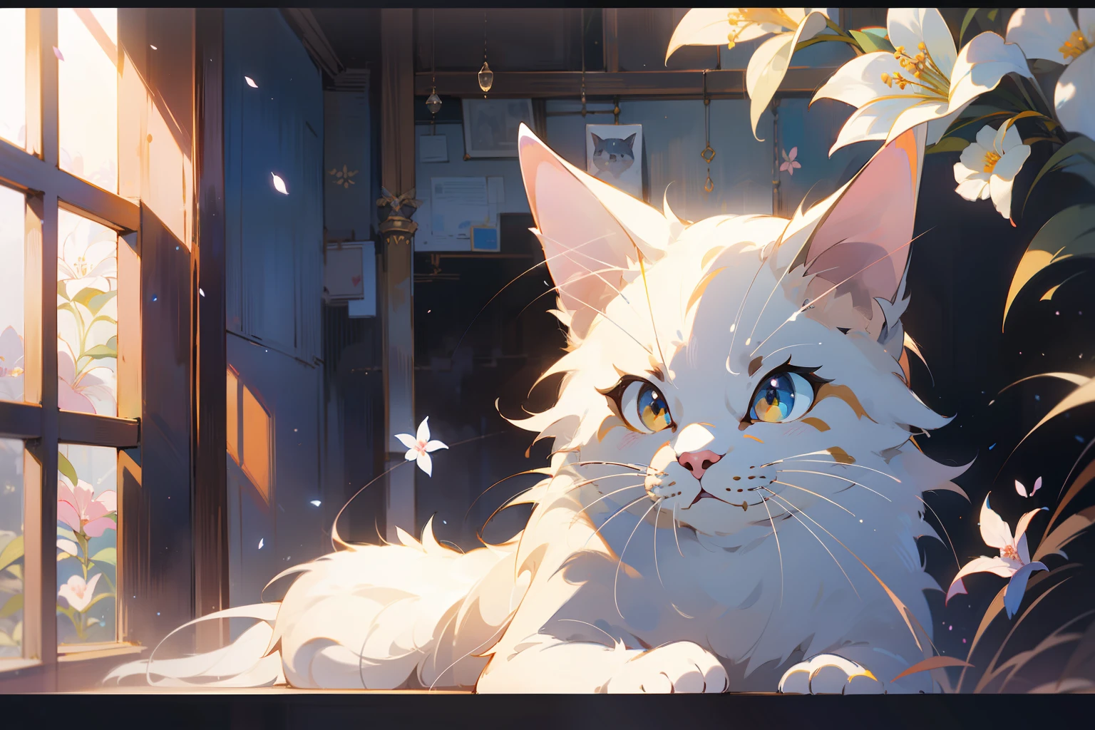 cute white puppet cat, hayao miyazaki dream style, surrealist animal illustration, bow, flowers, window, sky, meiji art, light color color painting, rich layers, realistic figurative painting, realistic hyper-detail portrait style, neo-traditional japan, soft edges, fantastic illustration, (very detailed CG unity 8k wallpaper), clean background, natural light, best quality, hyperdetail,