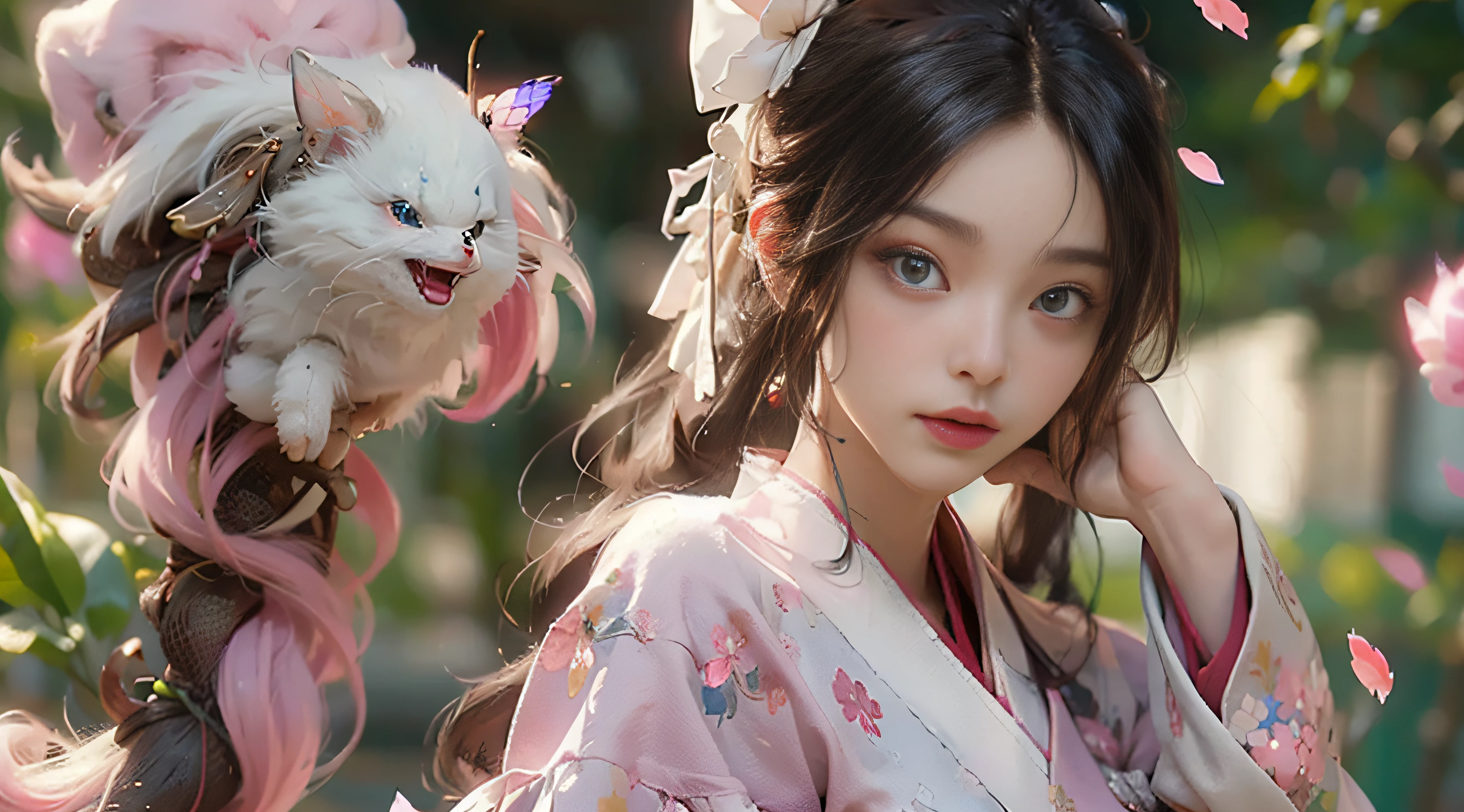 ((Best Quality)), ((Masterpiece)), (Detail: 1.4), 3D, Beautiful Cyberpunk Female Image, HDR (High Dynamic Range), Ray Tracing, NVIDIA RTX, Super Resolution, Unreal 5, Subsurface Scattering, PBR Texture, Post-Processing, Anisotropic Filtering, Depth of Field, Maximum Sharpness and Sharpness, Multi-layer Texture, Albedo and Highlight Mapping, Surface Coloring, Mitsu-Accurate Simulation of Material Interactions, Perfect Proportions, Octane Rendering, Two-color Light, Large Aperture, Low ISO, white balance, regular three-point, 8K RAW, beautiful bright pupils, flowing robe, fine pupils, delicate face and eyes, long eyelashes, blush, fluffy hair, pink lips, pure, cute, cherry blossom petals falling, butterfly