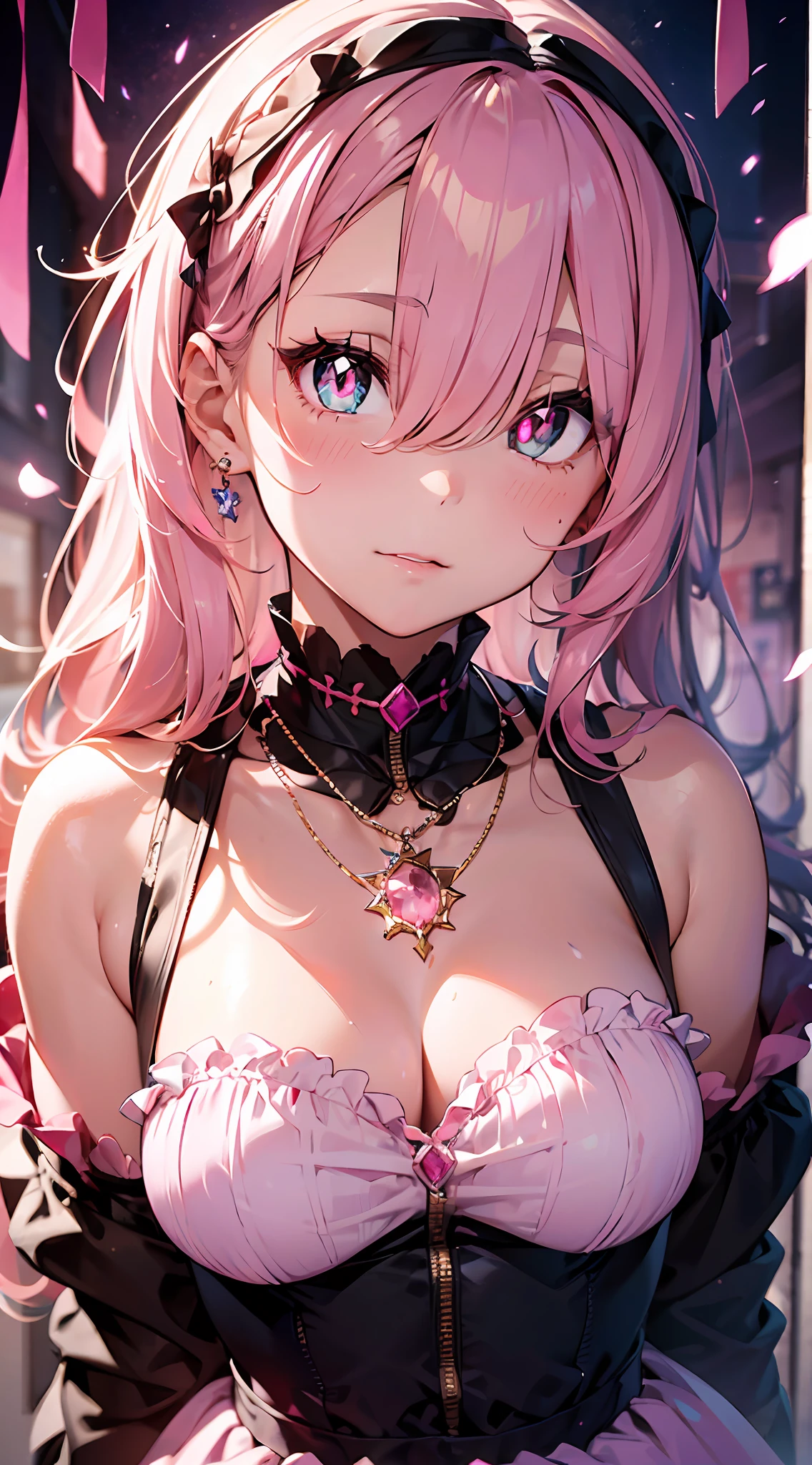 Morganite Gemstones, Pink Gemstone Necklace ((Masterpiece)). (high quality). fullbody(1 girl)((hair over one eyes:1.5)),(pinkeyes:1.5).under cut,,very short back hair,,long sideburns,asymmetry bangs,long bangs,blackeyes,half eye,18-year-old girl.eyeshadow, eyeliner,glow eyes, hyper detailed eyes, intricate eyes, beautiful eyes, ((glowing pink pupils))18-year-old girl。 Pink party dress. Morganite gemstone background.
