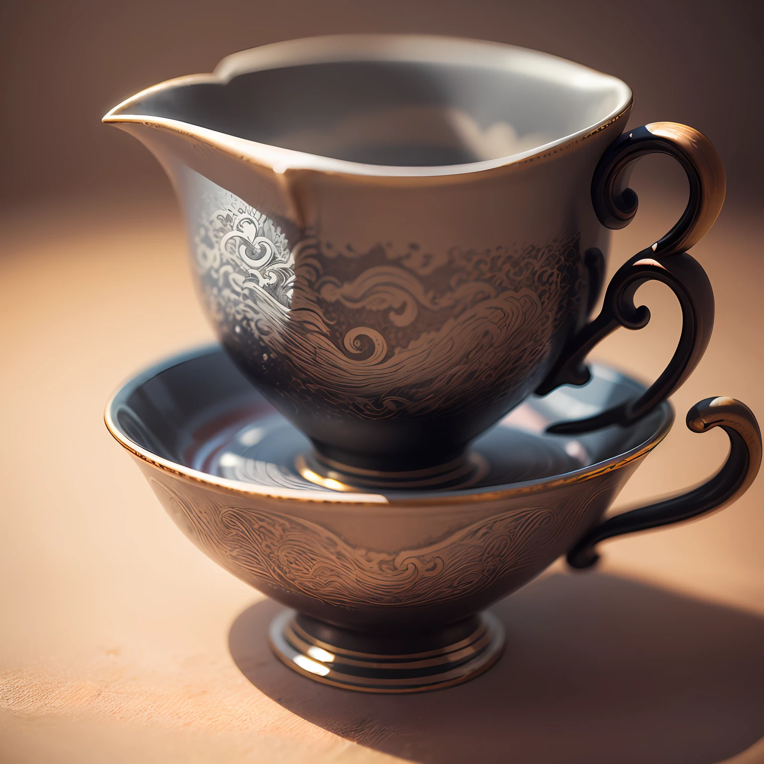 Only one silver teacup inlaid with the looming, undulating details of the Chinese dragon, 4K, --auto