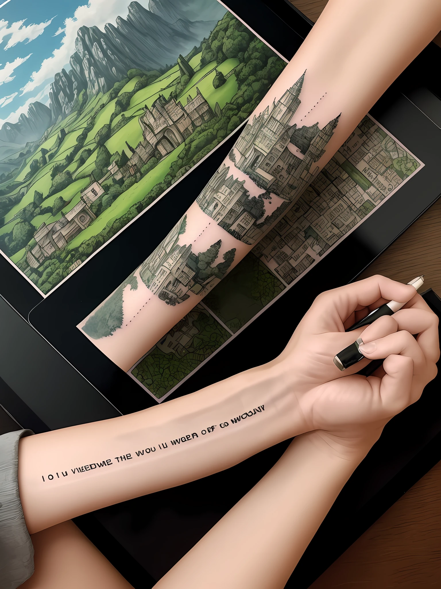 I would like to get a tattoo on the forearm divided into two parts. In the first part I would like a summary of the landscapes visited by the ring society. In the second part a drawing of the Hobbit bilbo's den detached from the rest of the county.