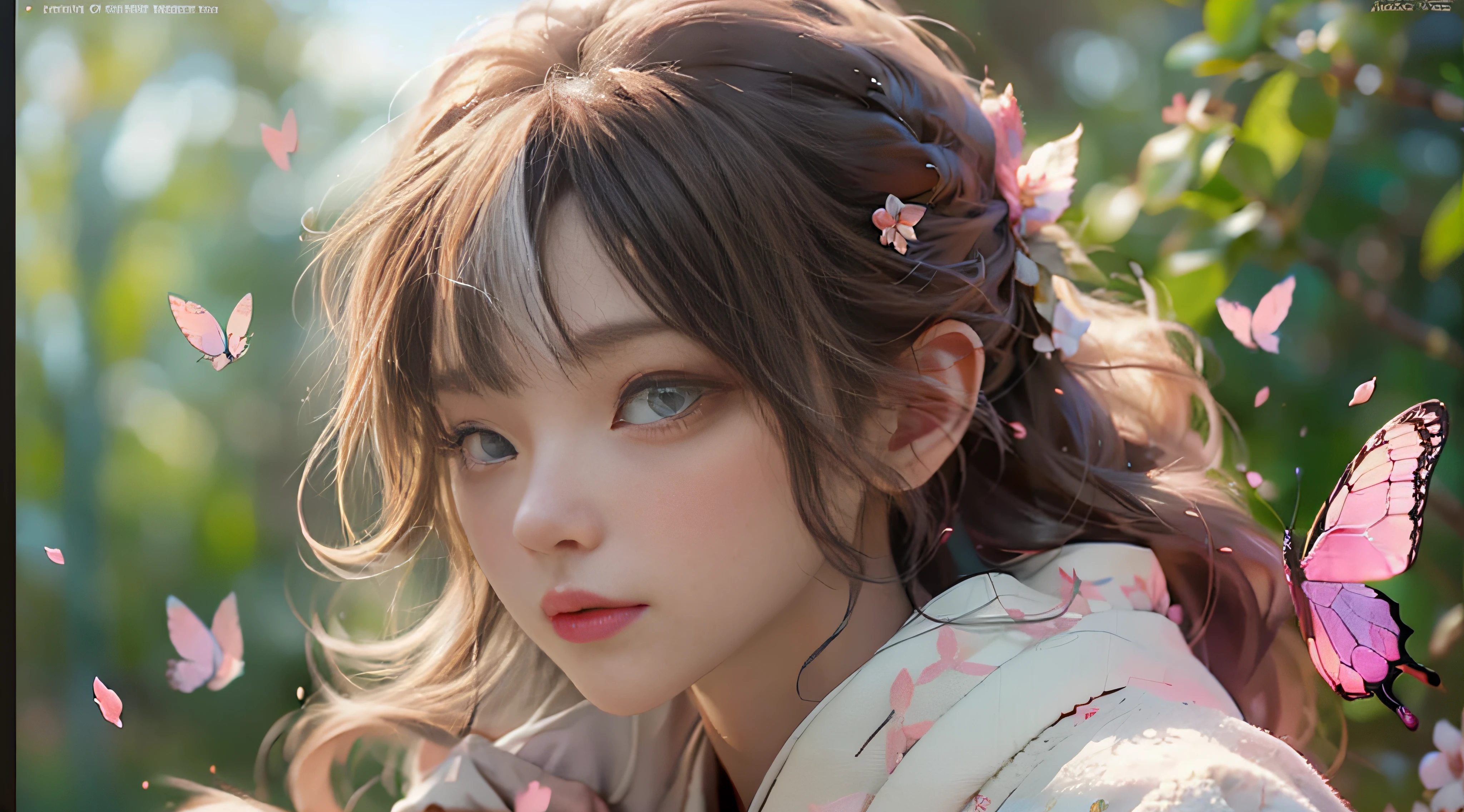 ((Best Quality)), ((Masterpiece)), (Detail: 1.4), 3D, Beautiful Cyberpunk Female Image, HDR (High Dynamic Range), Ray Tracing, NVIDIA RTX, Super Resolution, Unreal 5, Subsurface Scattering, PBR Texture, Post-Processing, Anisotropic Filtering, Depth of Field, Maximum Sharpness and Sharpness, Multi-layer Texture, Albedo and Highlight Mapping, Surface Coloring, Mitsu-Accurate Simulation of Material Interactions, Perfect Proportions, Octane Rendering, Two-color Light, Large Aperture, Low ISO, white balance, regular three-point, 8K RAW, beautiful bright pupils, flowing robe, fine pupils, delicate face and eyes, long eyelashes, blush, fluffy hair, pink lips, pure, cute, cherry blossom petals falling, butterfly