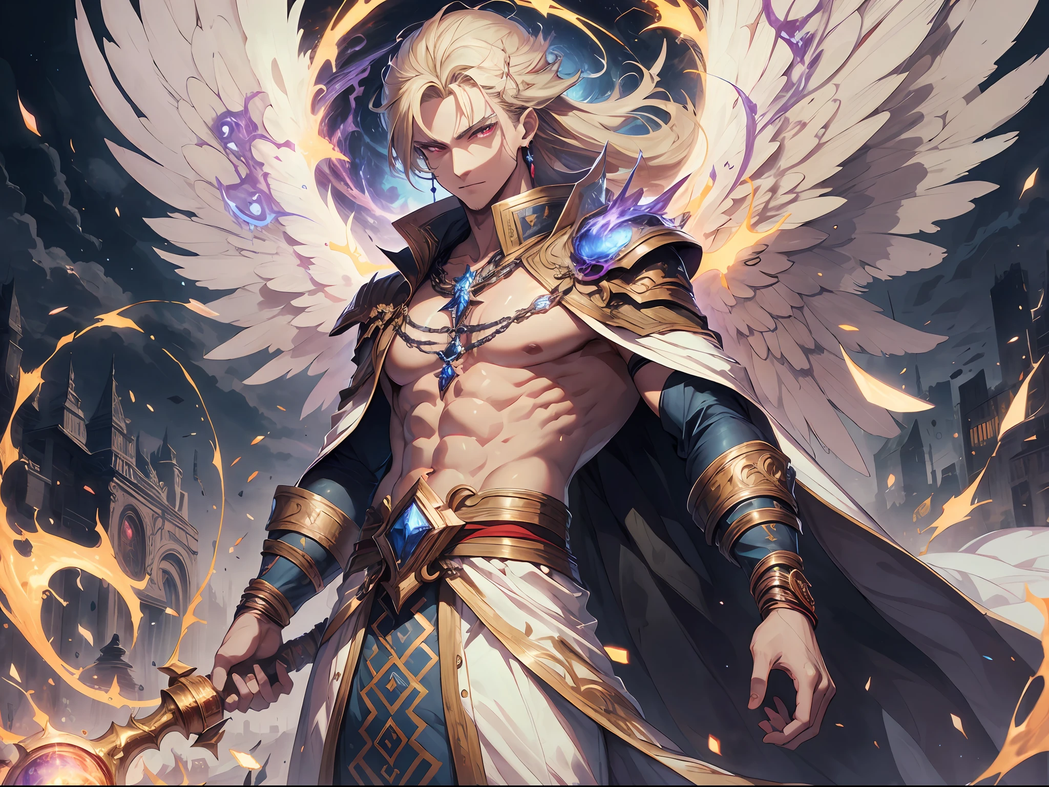 (absurd, high resolution, hyper-detailed, HDR), masterpiece, best quality, a boy in a white robe with a sickle, giant sickle, break, solo, long hair, blonde, red eyes, glowing eyes, fine eyes and detailed face, tall and muscular, bare chest muscles, earrings and accessories, six pairs of angel wings, archangel, full body, heavenly background, fantasy, celestial body, dramatic sky, glowing , blooming, swirl, spark, thunderbolt, magic vortex, ray, golden aura, battle stance, Behind the Dharma