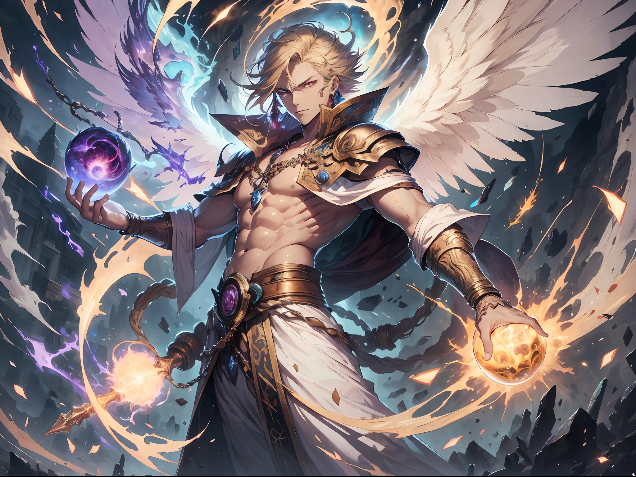 (absurd, high resolution, hyper-detailed, HDR), masterpiece, best quality, a boy in a white robe with a sickle, giant sickle, break, solo, long hair, blonde, red eyes, glowing eyes, fine eyes and detailed face, tall and muscular, bare chest muscles, earrings and accessories, six pairs of angel wings, archangel, full body, heavenly background, fantasy, celestial body, dramatic sky, glowing , blooming, swirl, spark, thunderbolt, magic vortex, ray, golden aura, battle stance, Behind the Dharma