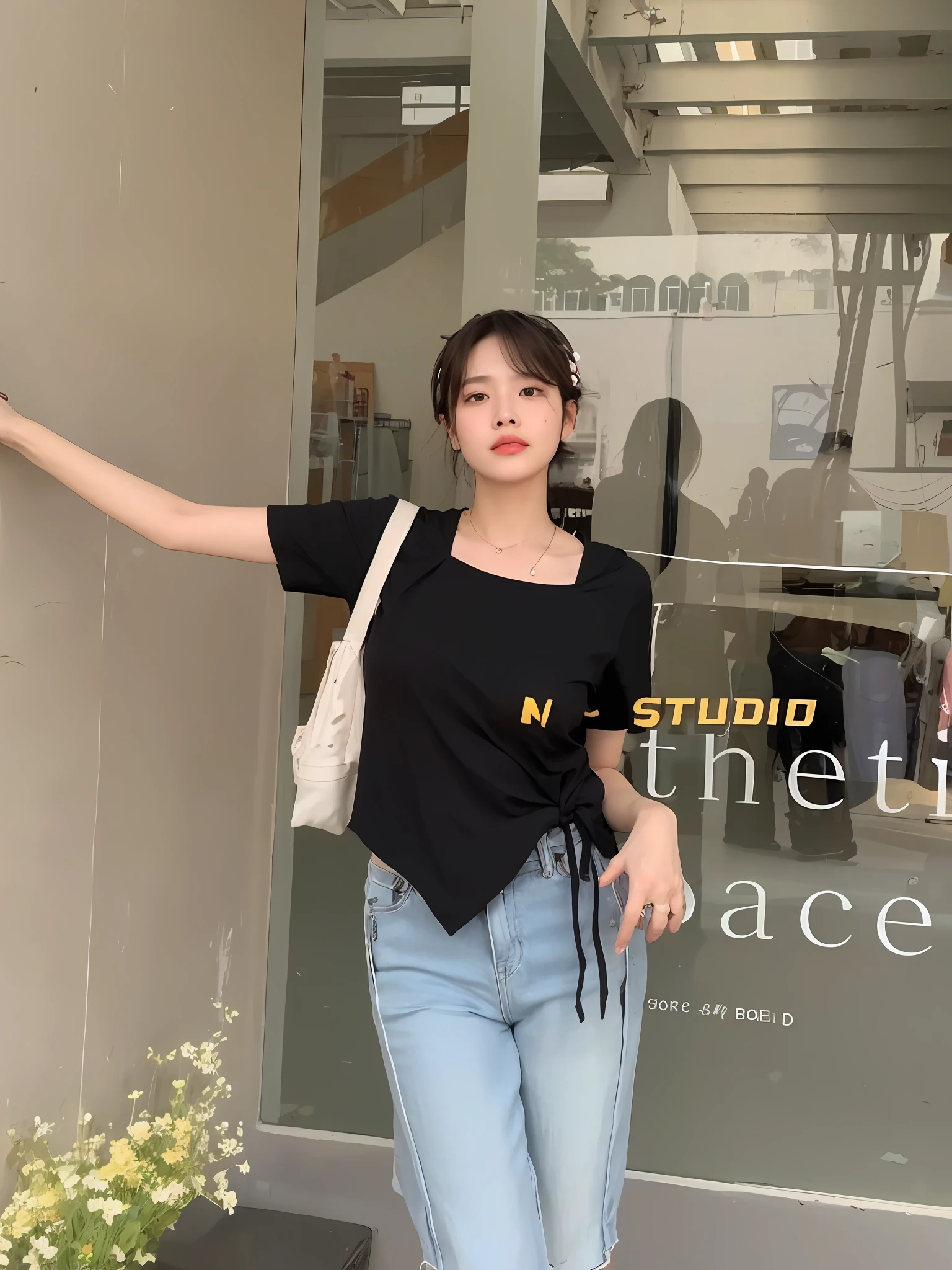 ((Best Quality, 8K, Masterpiece: 1.3)), (Flower Cap: 1.3), Focus: 1.2, Perfect Body Beauty: 1.4, Buttocks: 1.2, (Layered Haircut: 1.2)), (Dark Street: 1.3), Highly detailed face and skin texture, Full body, Fine eyes, Double eyelids, Whitened skin, Long hair, (Round face: 1.5), (Loose crop top, Shorts: 1.6) cleavage protruding pleated skirt Big breasts leaking long legs