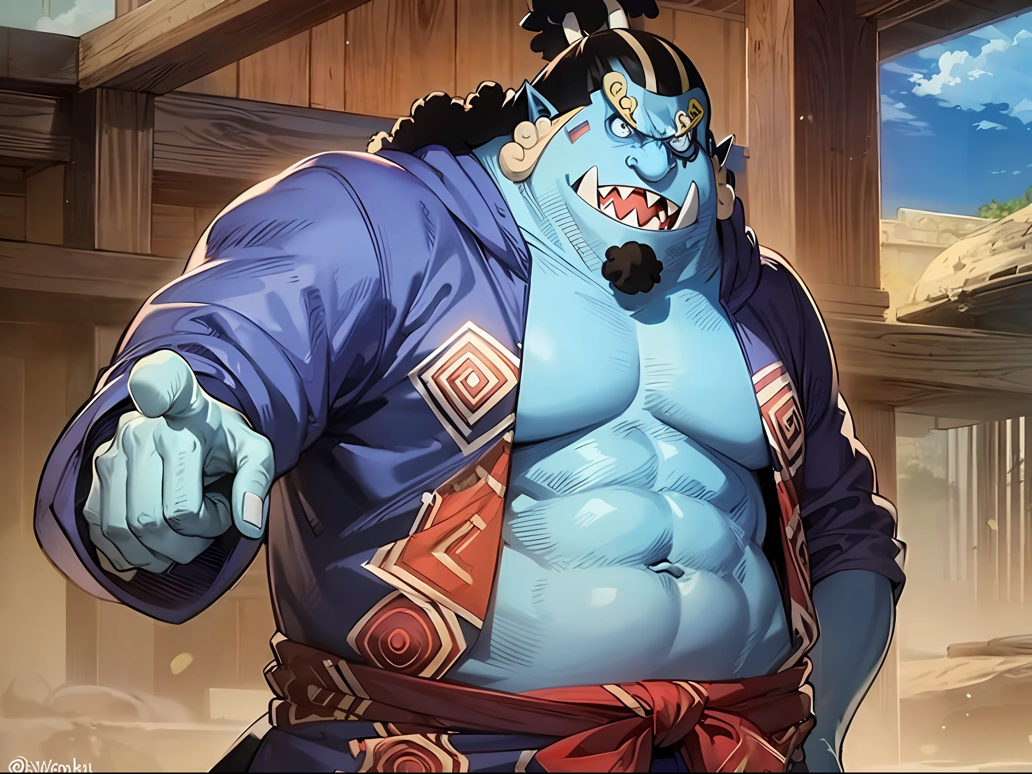 a man standing wearing yukata, jinbei_oyabun, jinbei, blue skin, fang, no human, muscular, closeup, fat belly, furry shark, fish boy, fangs, tusk, fat tendencies