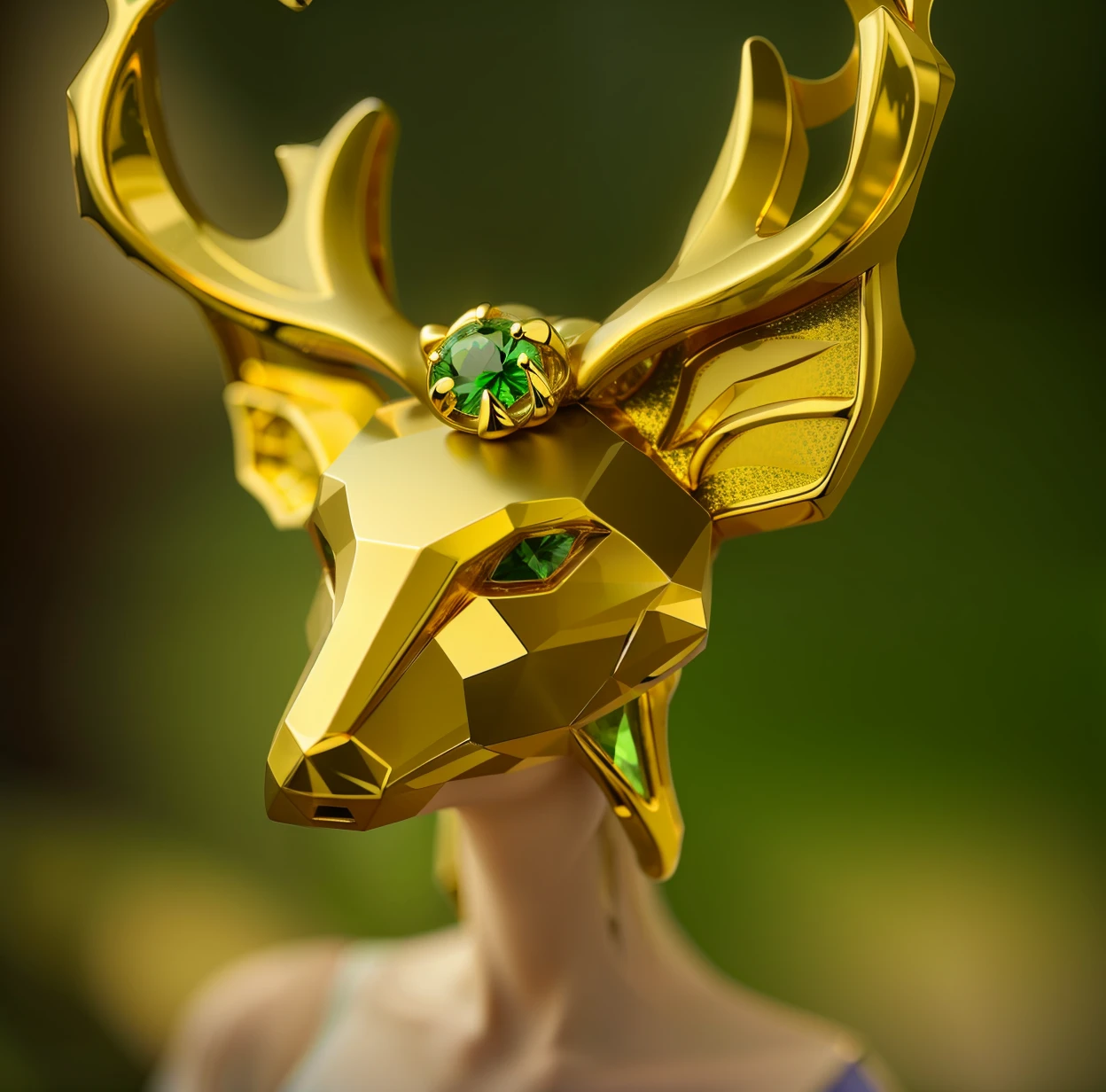 Close up of deer head with green and gold ring, 9K, 18K, horned, gold and green, gold, buck, gold plated, gold jewelry, jewelry, pendant, 24K, jewelry, Chaumet style