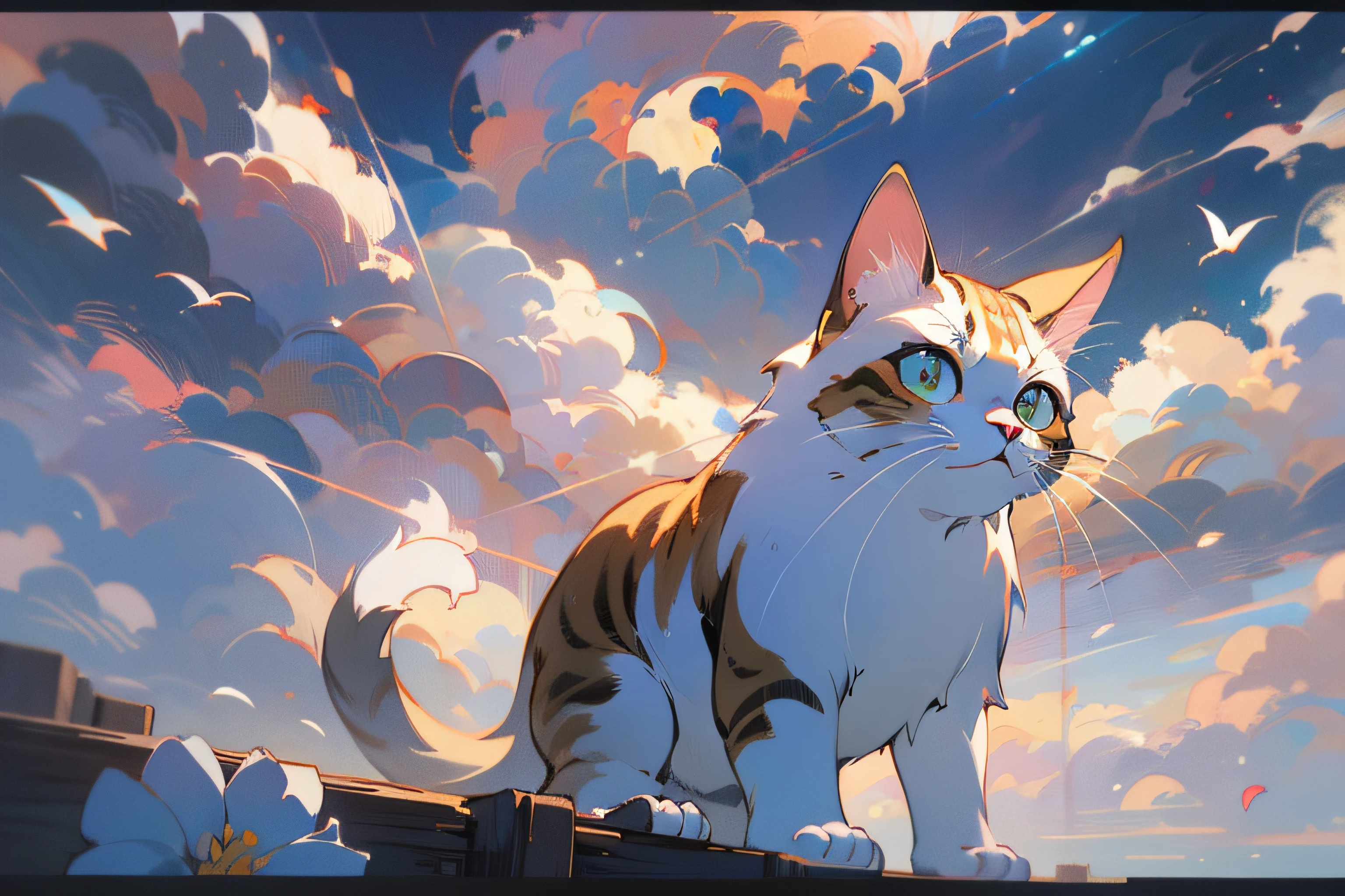 Cute white puppet cat, Hayao Miyazaki dream style, surrealist animal illustration, outdoor, sky, white clouds, bow, flowers, meiji art, light color color painting, rich layers, realistic figurative painting, realistic hyper-detail portrait style, neo-traditional japan, soft edges, fantastic illustration, (very detailed CG unity 8k wallpaper), clean background, natural light, best quality, hyperdetail