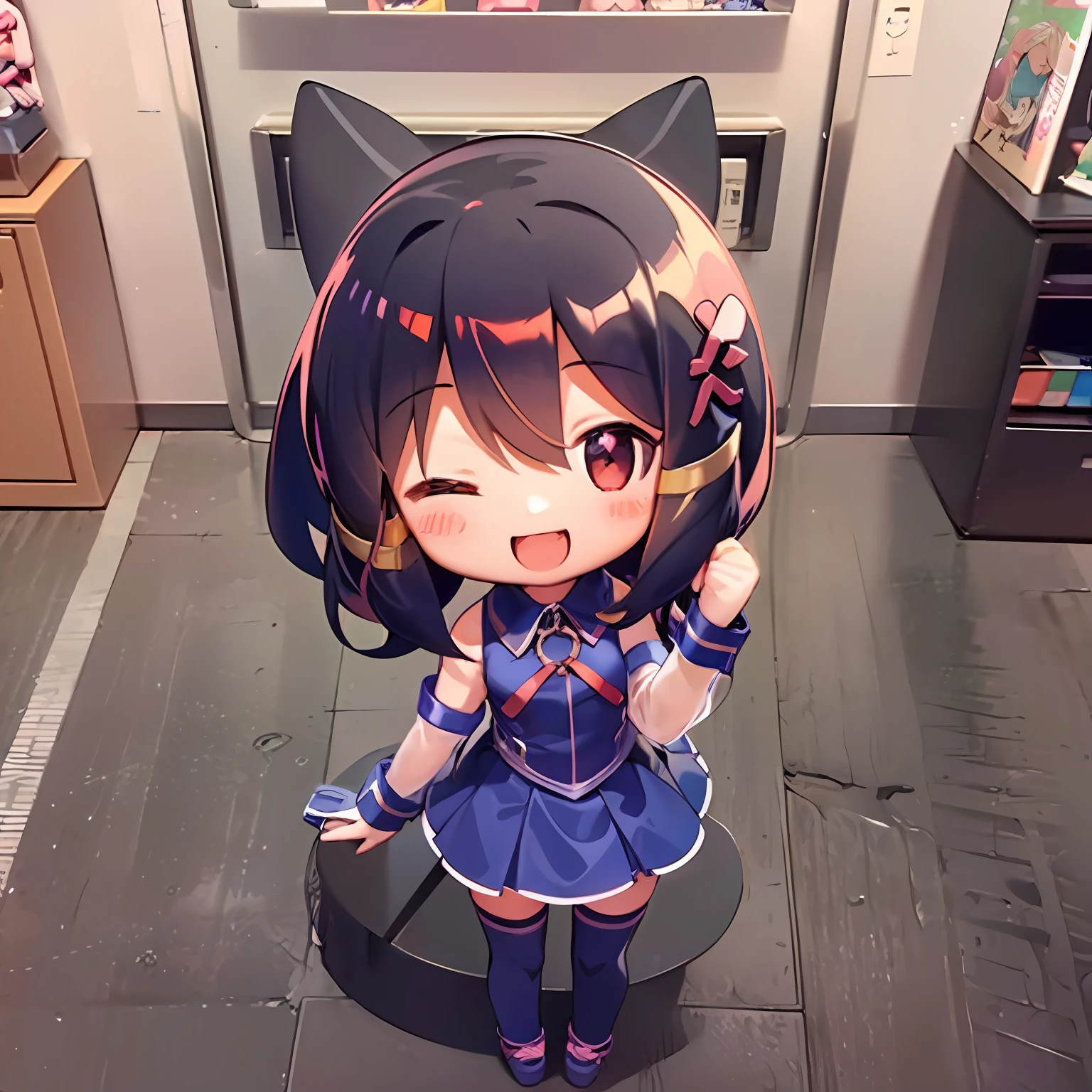 ((masterpiece)), ((((chibi anime)))), 1girl, solo ((((no background)))), xp-tan, black hair, xp hair ornament, detached sleeves, blue skirt, thighhighs(((nendroid))), one eye closed, smile, short cut, fu1fu,charcter doll,chibi