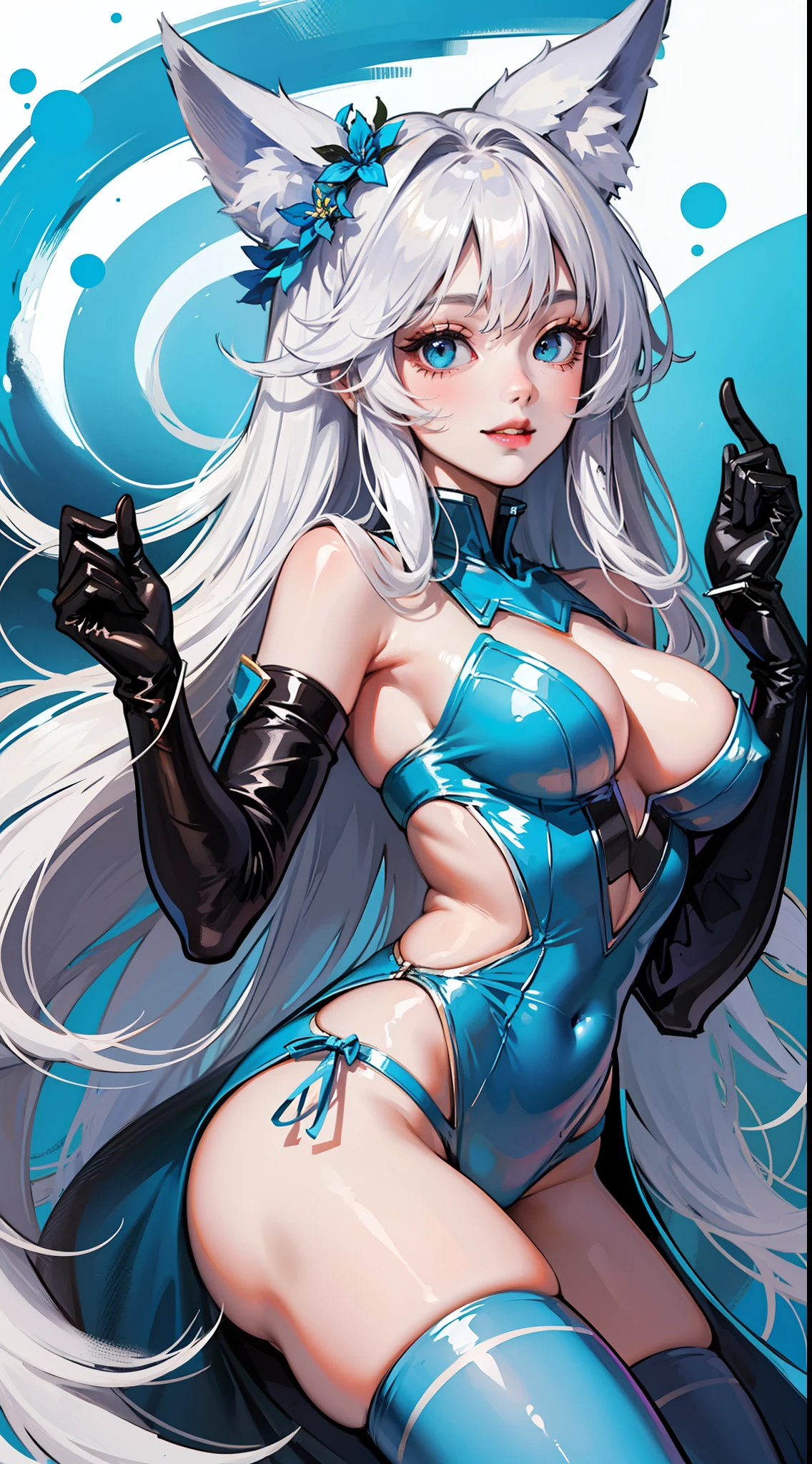 Young girl, long white hair, turquoise eyes, blue superhero costume, fox ears, fox tail, blue fire, smile, masterpiece, high quality