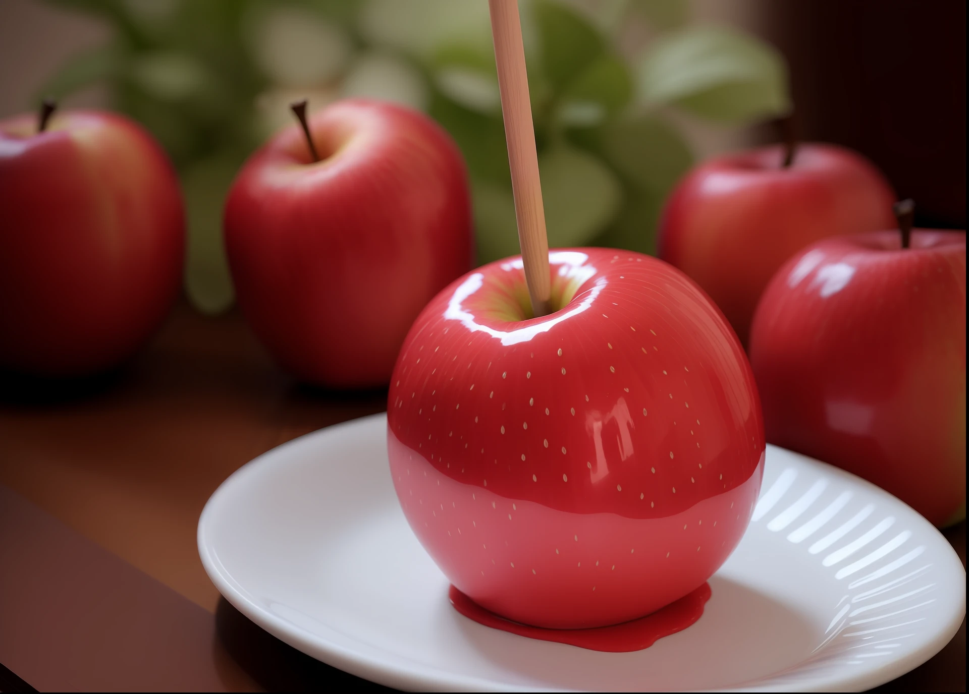 On the plate there is a red apple, candy apple, red apple, red apple, apple, apple, transparent texture, glossy appearance, 4K polymer clay food photography, 4 0 9 6, apple, food photography 4 K, delicious, made of glaze, shot with Canon EOS 5 D, with apple, shot with Canon EOS 5D