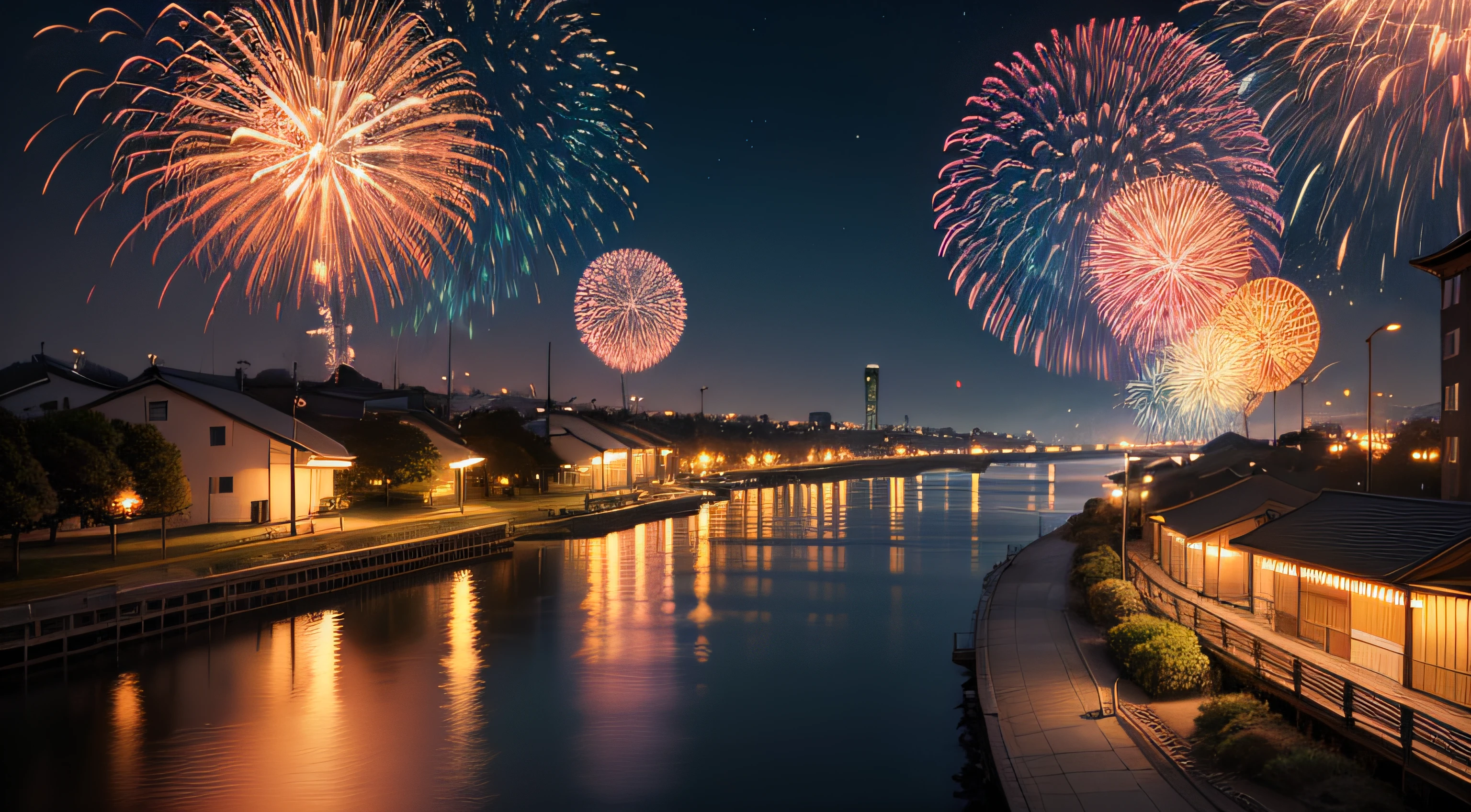 (8K, Best Quality, Masterpiece: 1.2), (Realistic, Photorealistic, Photorealistic: 1.37), Ultra High Quality, Fireworks, Sky, City, Colorful, Japan, Tama River