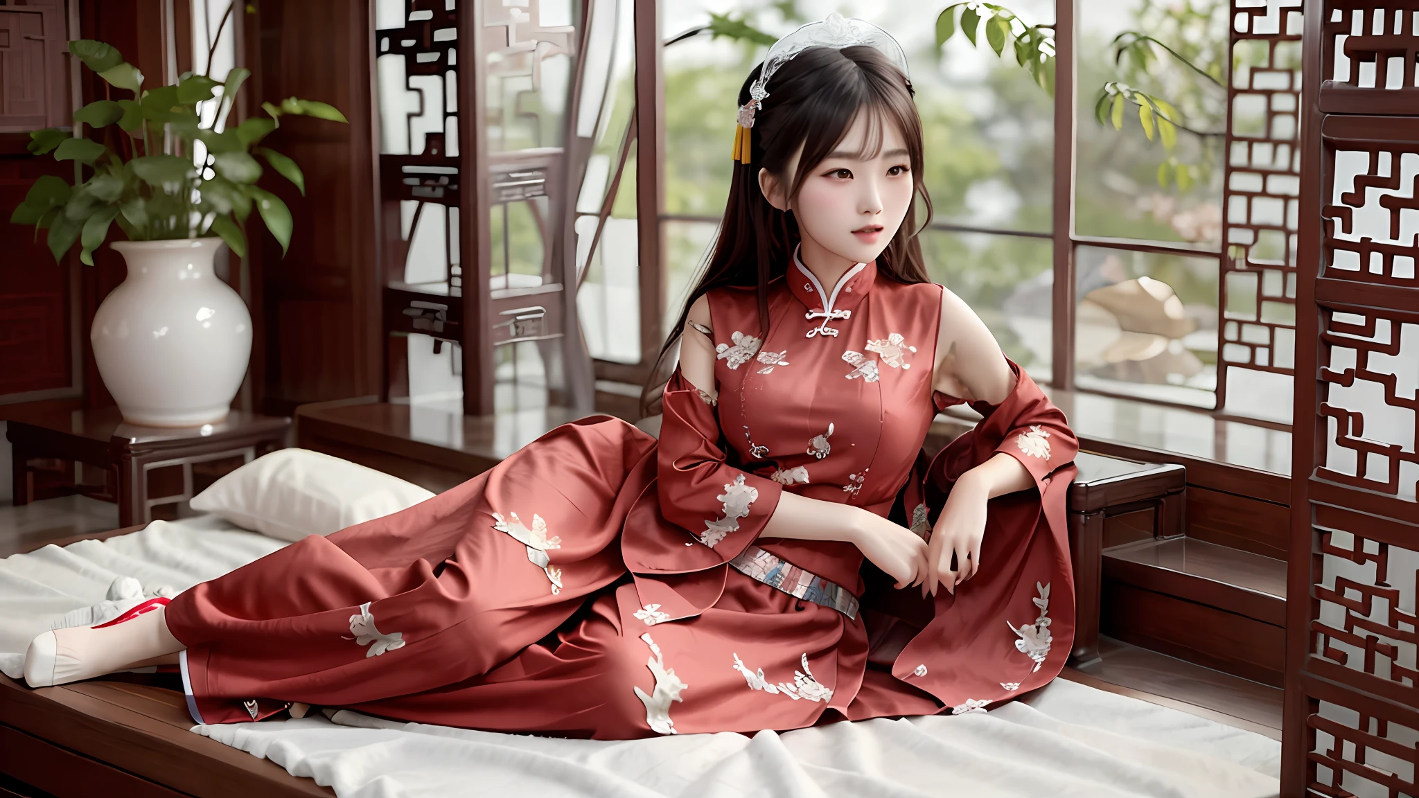 araffe woman in red dress laying on a bed with pillows, a beautiful fantasy empress, chinese girl, trending on cgstation, chinese princess, chinese costume, chinese empress, beautiful render of tang dynasty, full body xianxia, ((a beautiful fantasy empress)), chinese dress, chinese style, wearing a red cheongsam, chinese fantasy