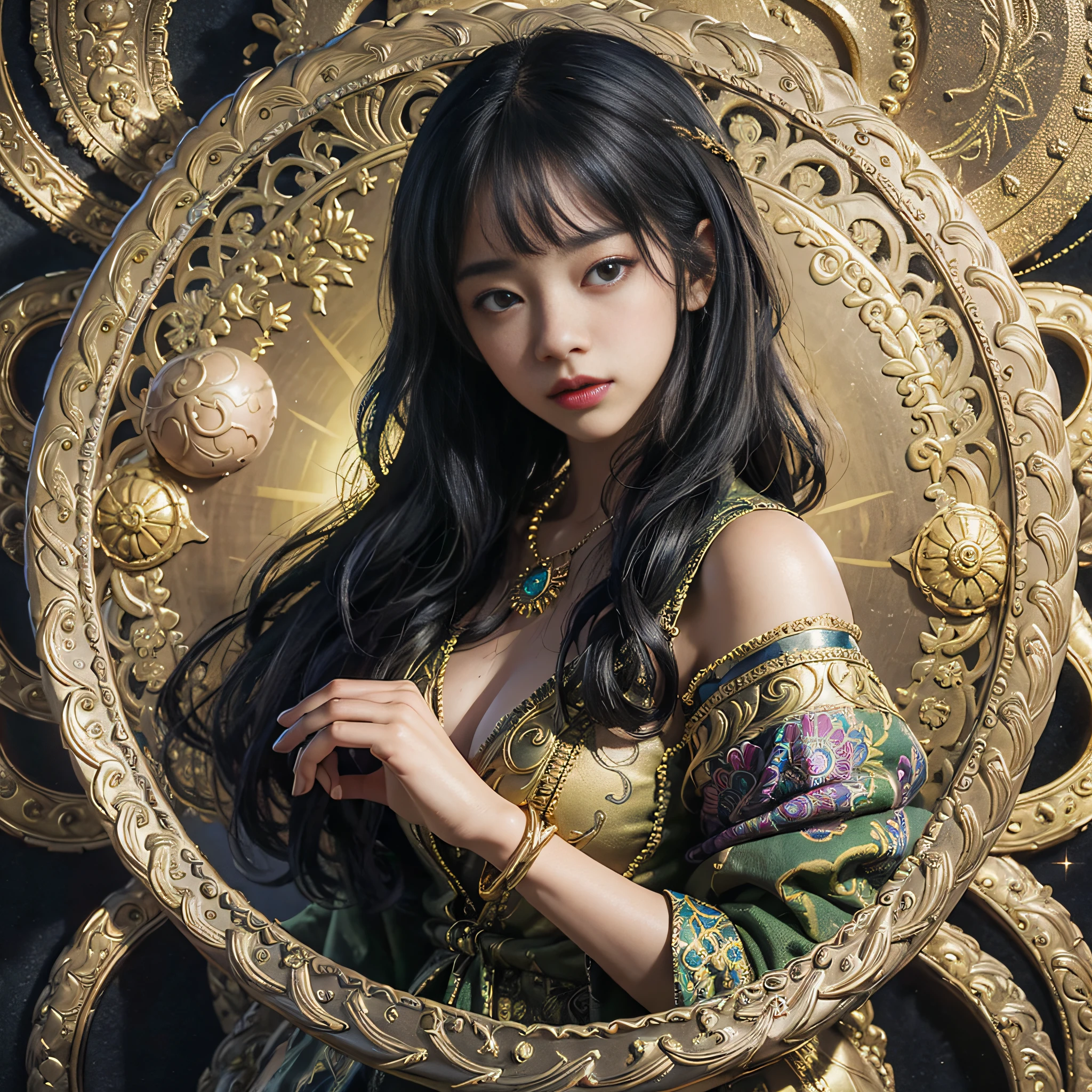 (masterpiece, top quality, best quality, official art, beautiful and aesthetic:1.2), (1girl), extreme detailed,colorful,highest detailed, official art, unity 8k wallpaper, ultra detailed, beautiful and aesthetic, beautiful, masterpiece, best quality, (zentangle, mandala, tangle, entangle) ,holy light,gold foil,gold leaf art,glitter drawing, PerfectNwsjMajic