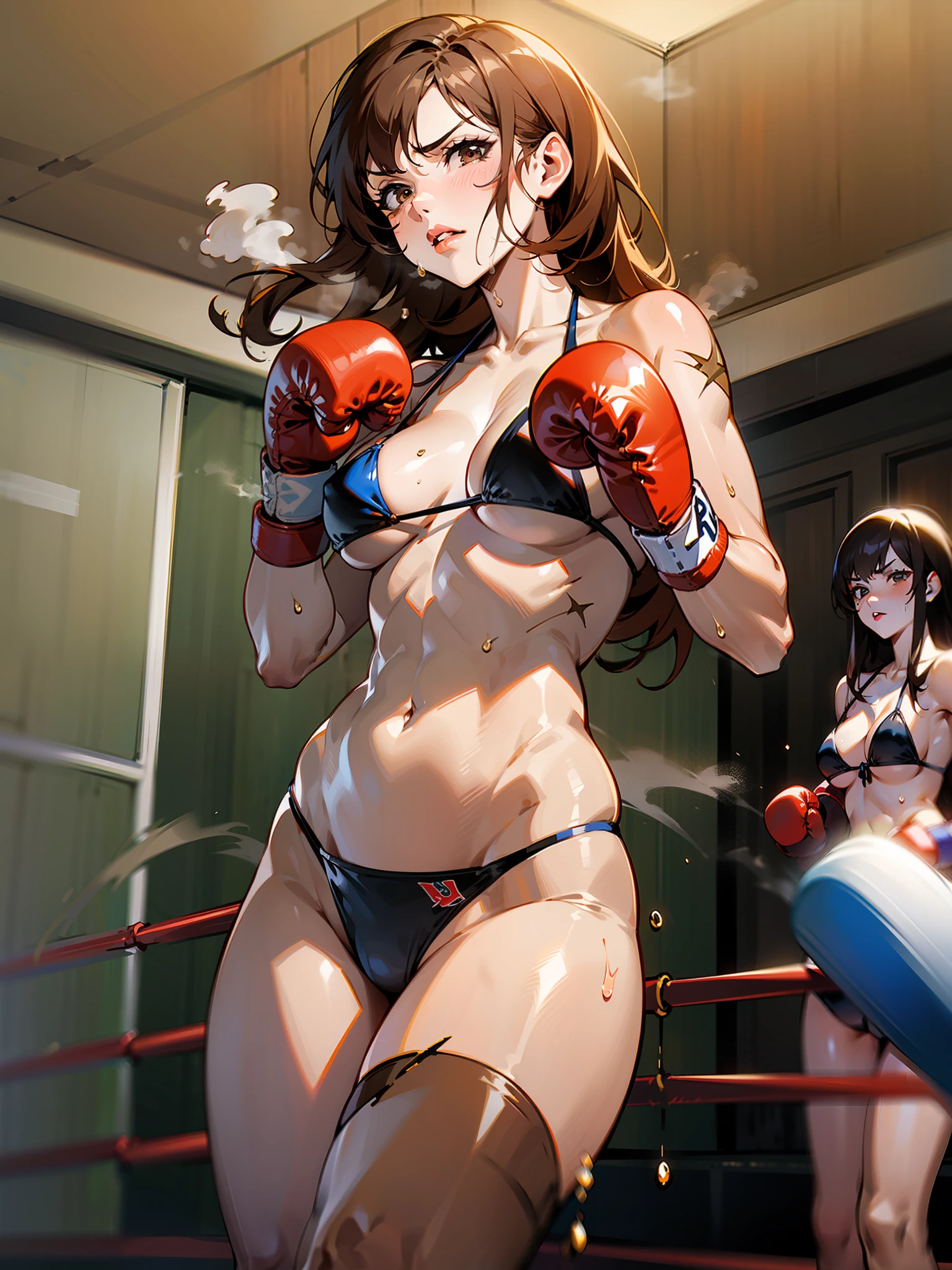 {Mature woman boxer, reddish brown hair, long hair, sexy lips, micro bikini, red lip, golden boxing gloves, brown skin, big, cynicism, two women, absent-minded, sweat and saliva all over the body, abdominal injury scars, serious damage, inferiority, on the verge of fainting, steam, }and {black hair, short cuts, female boxers}, bedroom with dim background, two women, boxing play,