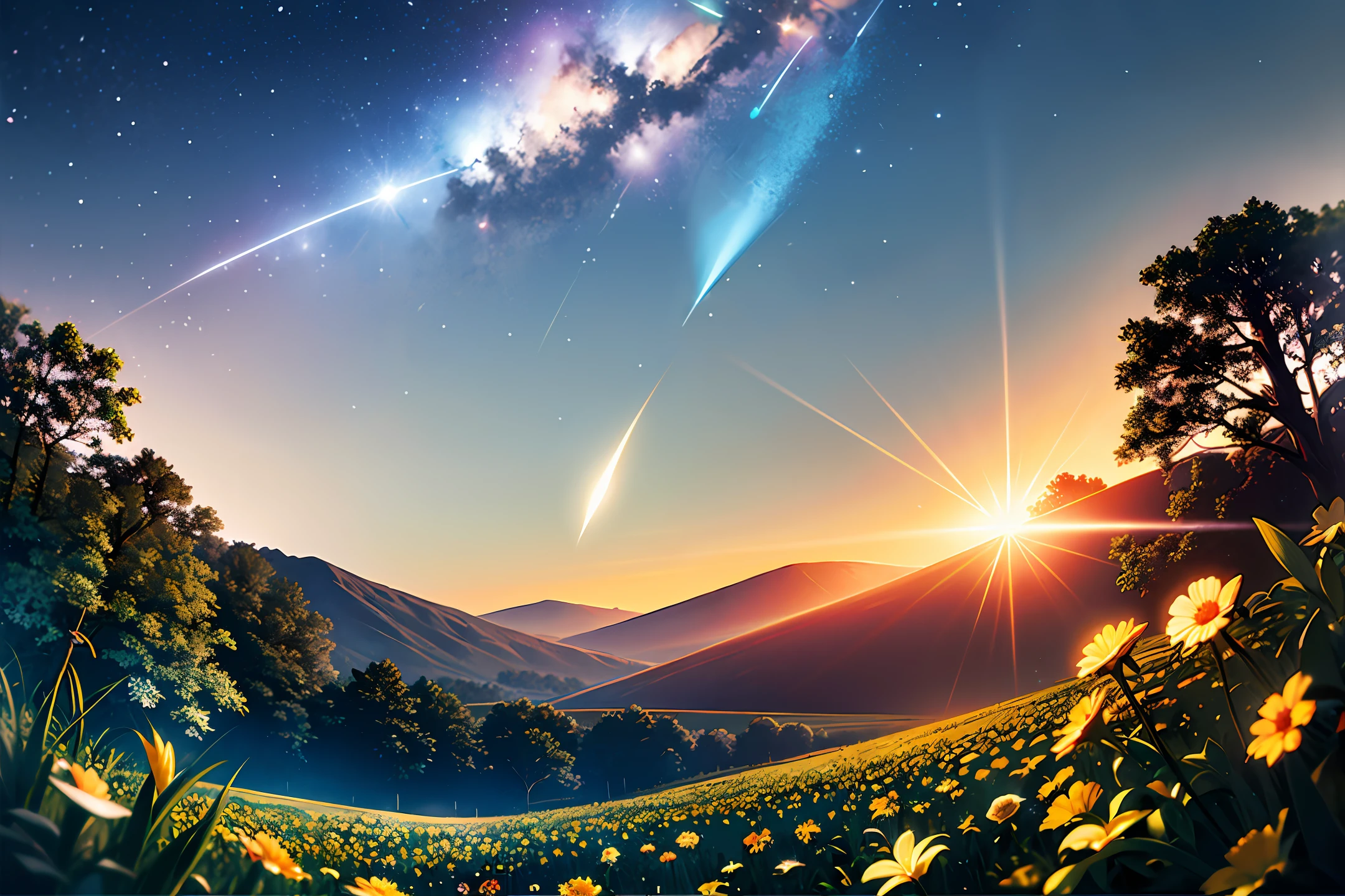 Expansive landscape photograph, (view from below with a view of the sky and the wilderness below), little girl standing in a flower field looking up, (full moon: 1.2), (shooting star: 0.9), (nebula: 1.3), distant mountain, tree break production art, (warm light source: 1.2), (firefly: 1.2), lamp, purple and orange, intricate detail, volume lighting BREAK (masterpiece: 1.2), (highest quality ), 4k, ultra-detailed, (dynamic configuration: 1.4), highly detailed and colorful details (iridescent: 1.2), (sparkling lighting, atmospheric lighting), dreamy, magical, (solo: 1.2)