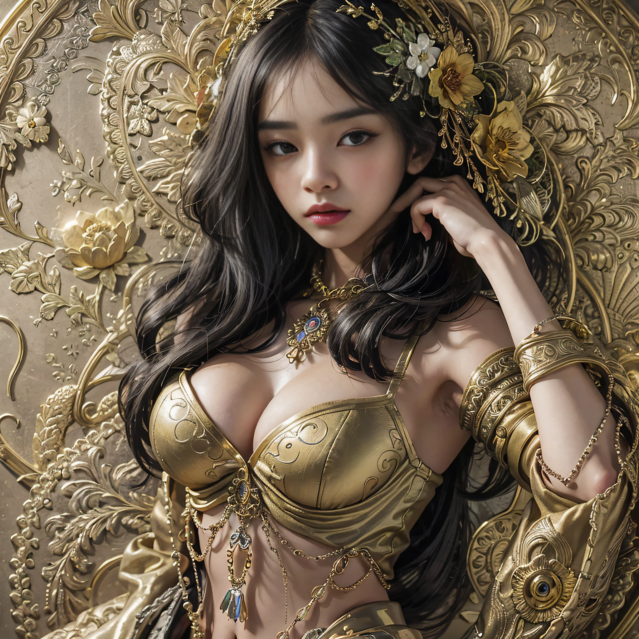 (masterpiece, top quality, best quality, official art, beautiful and aesthetic:1.2), (1girl), extreme detailed,colorful,highest detailed, official art, unity 8k wallpaper, ultra detailed, beautiful and aesthetic, beautiful, masterpiece, best quality, (zentangle, mandala, tangle, entangle) ,holy light,gold foil,gold leaf art,glitter drawing, PerfectNwsjMajic