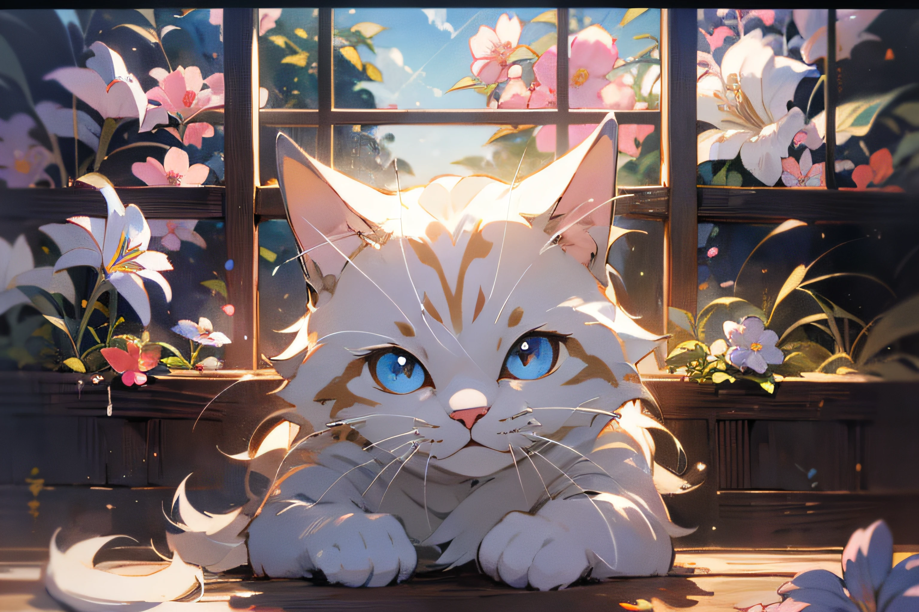 cute white puppet cat, hayao miyazaki dream style, surrealist animal illustration, bow, flowers, window, sky, meiji art, light color color painting, rich layers, realistic figurative painting, realistic hyper-detail portrait style, neo-traditional japan, soft edges, fantastic illustration, (very detailed CG unity 8k wallpaper), clean background, natural light, best quality, hyperdetail,