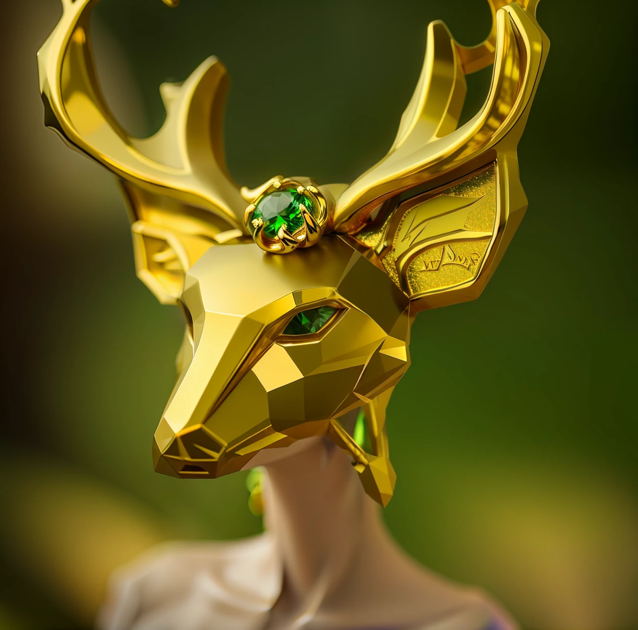 Close up of deer head with green and gold rings, 9K, 18K, horned, gold and green, gold, buck, gilded, gold jewelry, jewelry, pendant, 24K, jewelry, ears made smaller. Separate antlers and ears.
