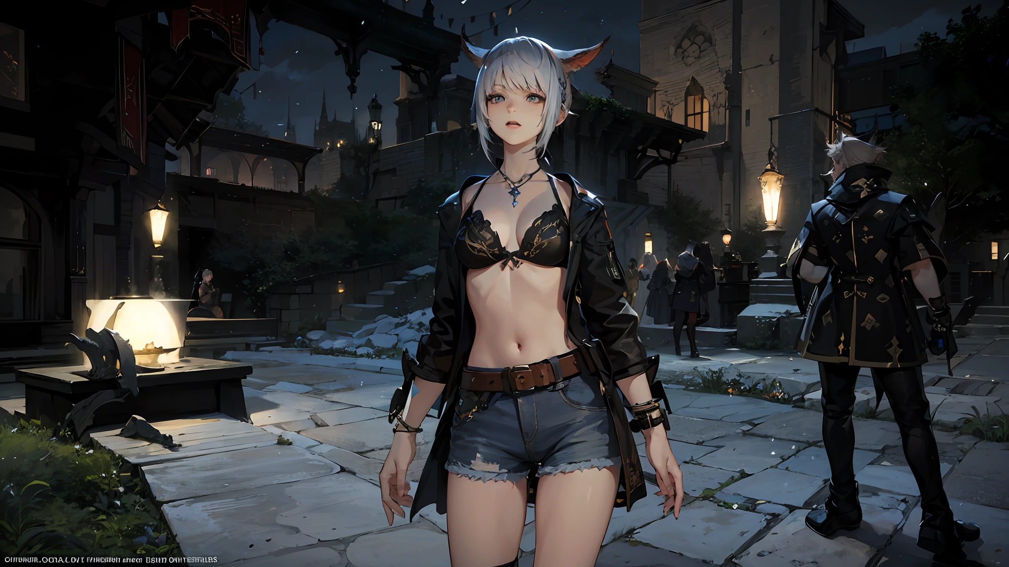 there is a woman in a bikini and a black jacket in a room, tranding on pxiv, final fantasy 14 style, final fantasy 1 4 screenshot, alluring mesmer woman, ffxiv, final fantasy xiv, 2 b, 2b, final fantasy 14 sharp, final fantasy 1 4, ffxiv heavensward, ornate bikini armor, hd screenshot