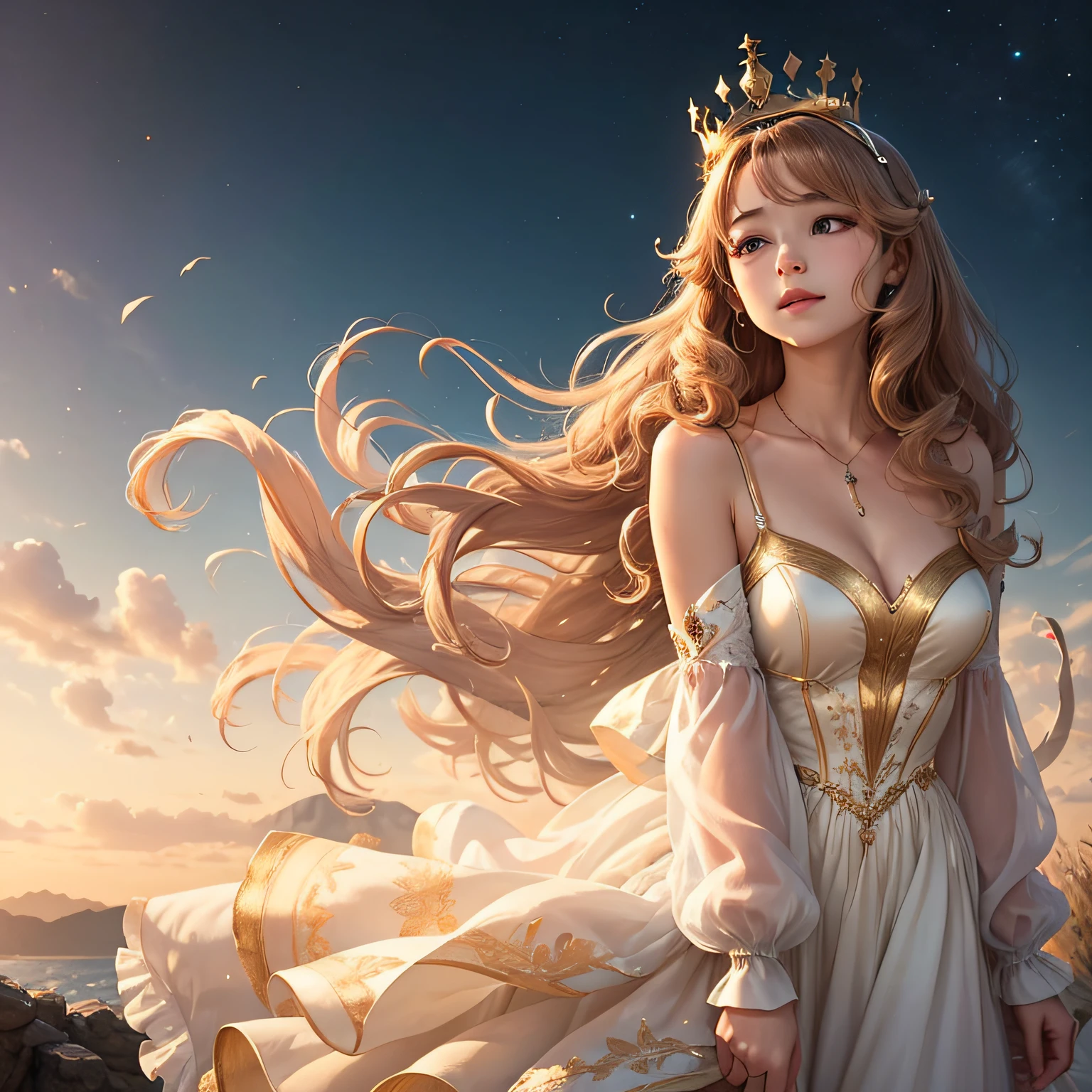 A very cute with a crown on her head, big wavy golden curls, wearing a super beautiful princess dress, calm and joyful --auto