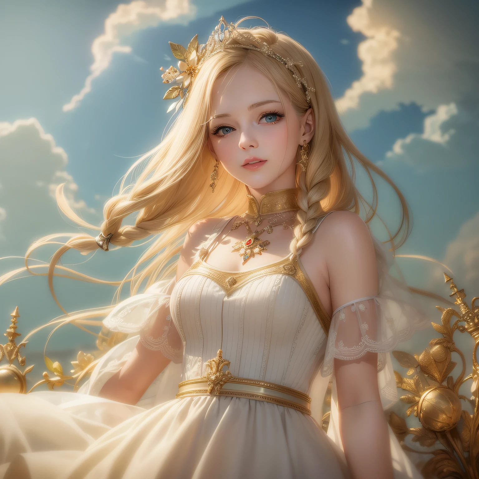 A very cute with a crown on her head, big wavy golden curls, wearing a super beautiful princess dress, calm and joyful --auto