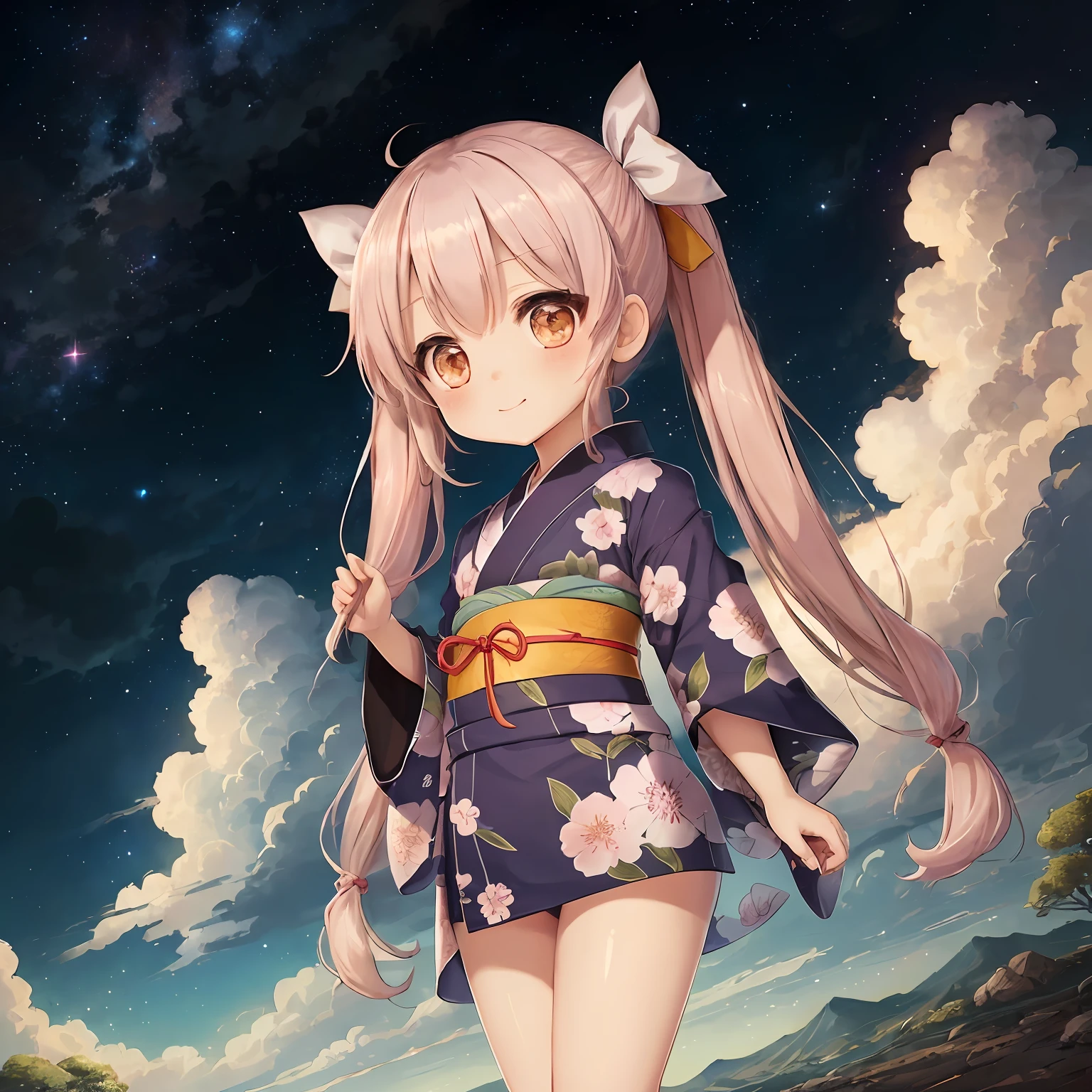 Mihito Sakurano \(Denombe\), (Best Quality, 8K, Masterpiece, HDR, Super Detail: 1.2), Cinematic Angle, (Chibi: 1.3), night, sky, beautiful clouds, detailed background, constellation, starry sky, 1 girl, solo, shiny skin, white hair, twin tails, tilted head, slight smile, full body, kimono, floral pattern, obi, ribbon, yukata, thigh, facefront, chibi character, chibi, anime style --auto