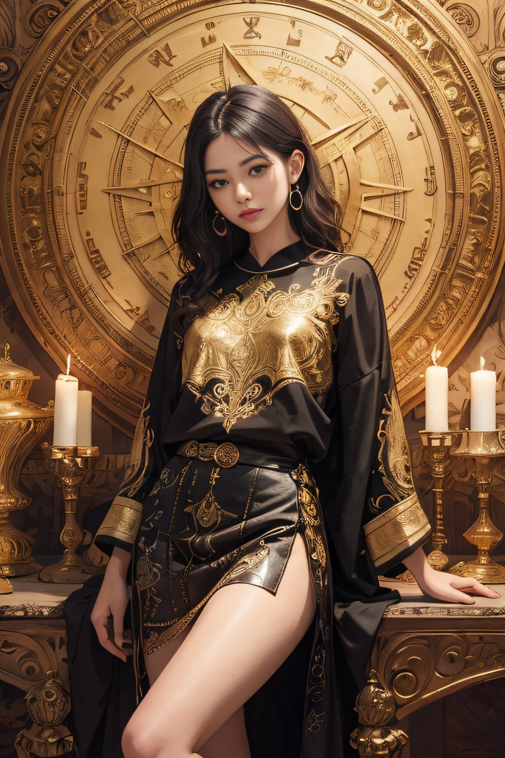 (Masterpiece, Top Quality, Best Quality, Official Art, Beauty and Aesthetics: 1.2), (1girl), Extreme Detail, Colorful, Highest Detail, Official Art, Unified 8k Wallpaper, Ultra Detailed, Beautiful and Aesthetic, Beautiful, Masterpiece, Best Quality, (Zentangle, Mandala, Tangle, Entangle), Holy Light, Gold Leaf, Gold Leaf Art, Glitter Drawing, PerfectNwsjMajic, Long Split Skirt, Legs
