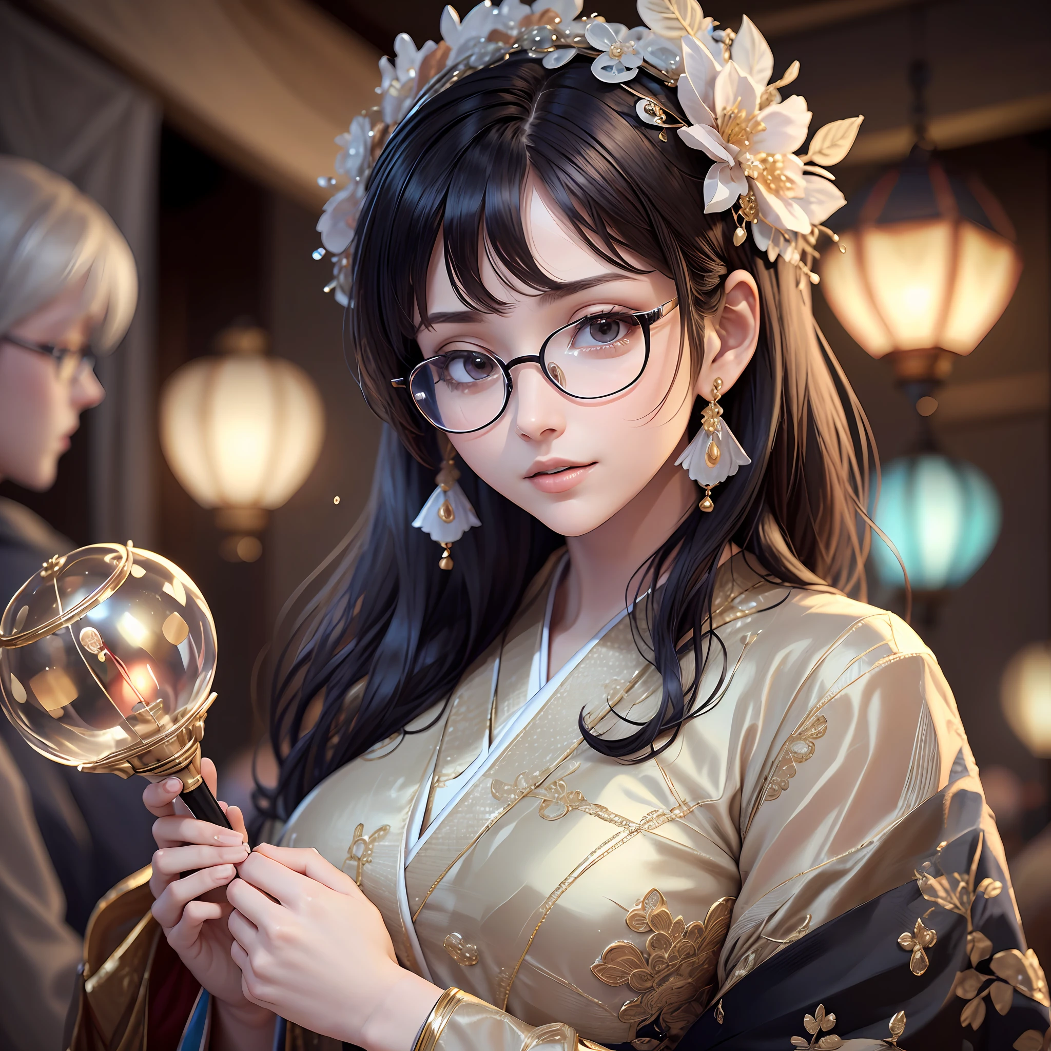 (Masterpiece), ((Best Quality)),(Official Art),Beautifully Indulgent:1.3),(Dress),(1 Girl: 1.3), Woman with silver round-rimmed glasses,Behind the woman countless lanterns glow pale orange,Woman in a red kimono with a detailed and delicate design,Praying figure,Empathetic expression,Detailed drawing. Bright colors. Black hair, colorful, supreme detail ((super detailed)), ((very detailed 3DCG)), ((very delicate and beautiful)) --auto --s2