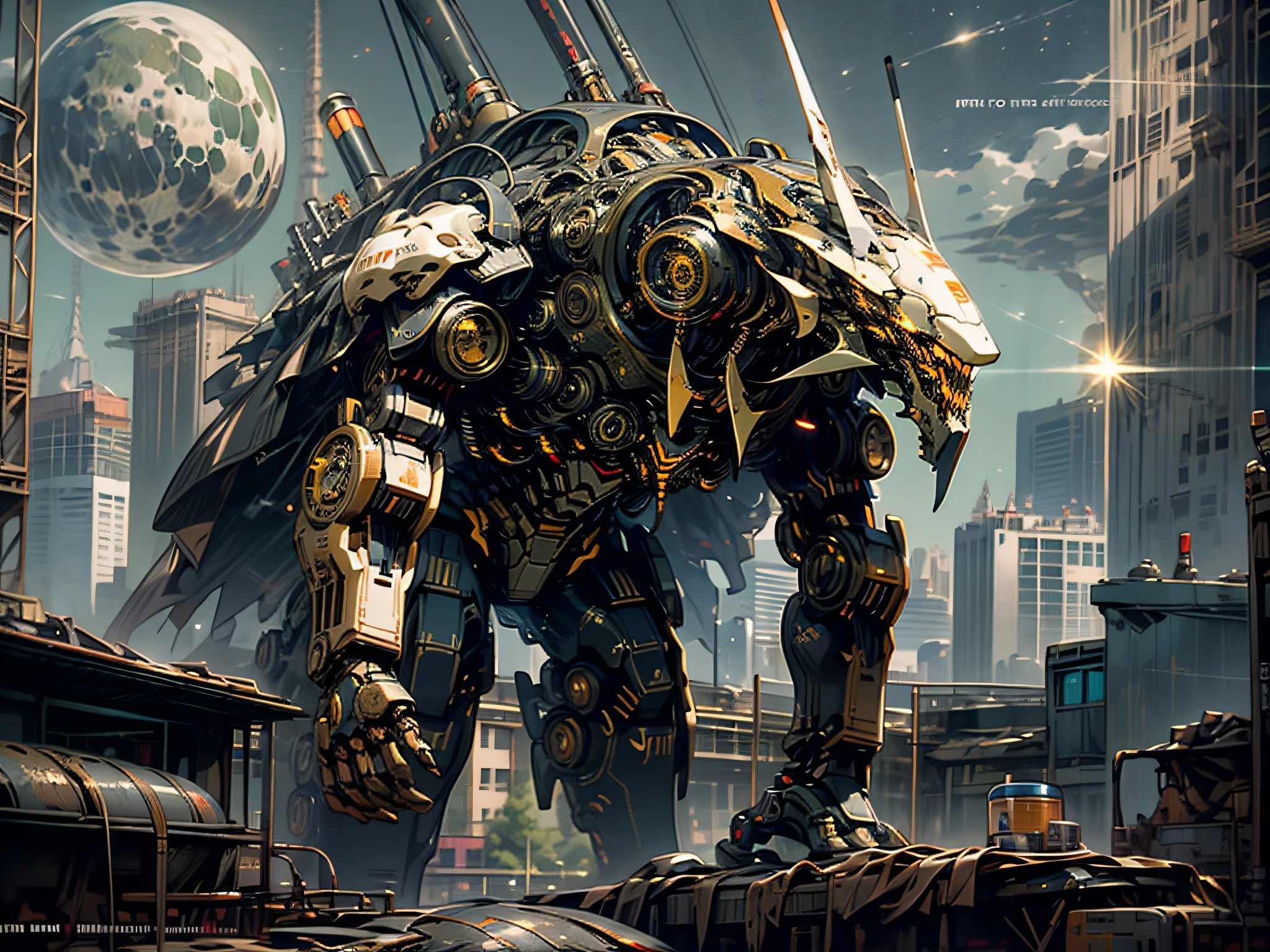 On the moon,barren planets, ruins, holding_weapon, no_humans, glowing, robot, building, glowing_eyes,orange mecha, science_fiction, city, realistic,mecha,Milky Way Galaxy background,neon,cyberpunk,steampunk