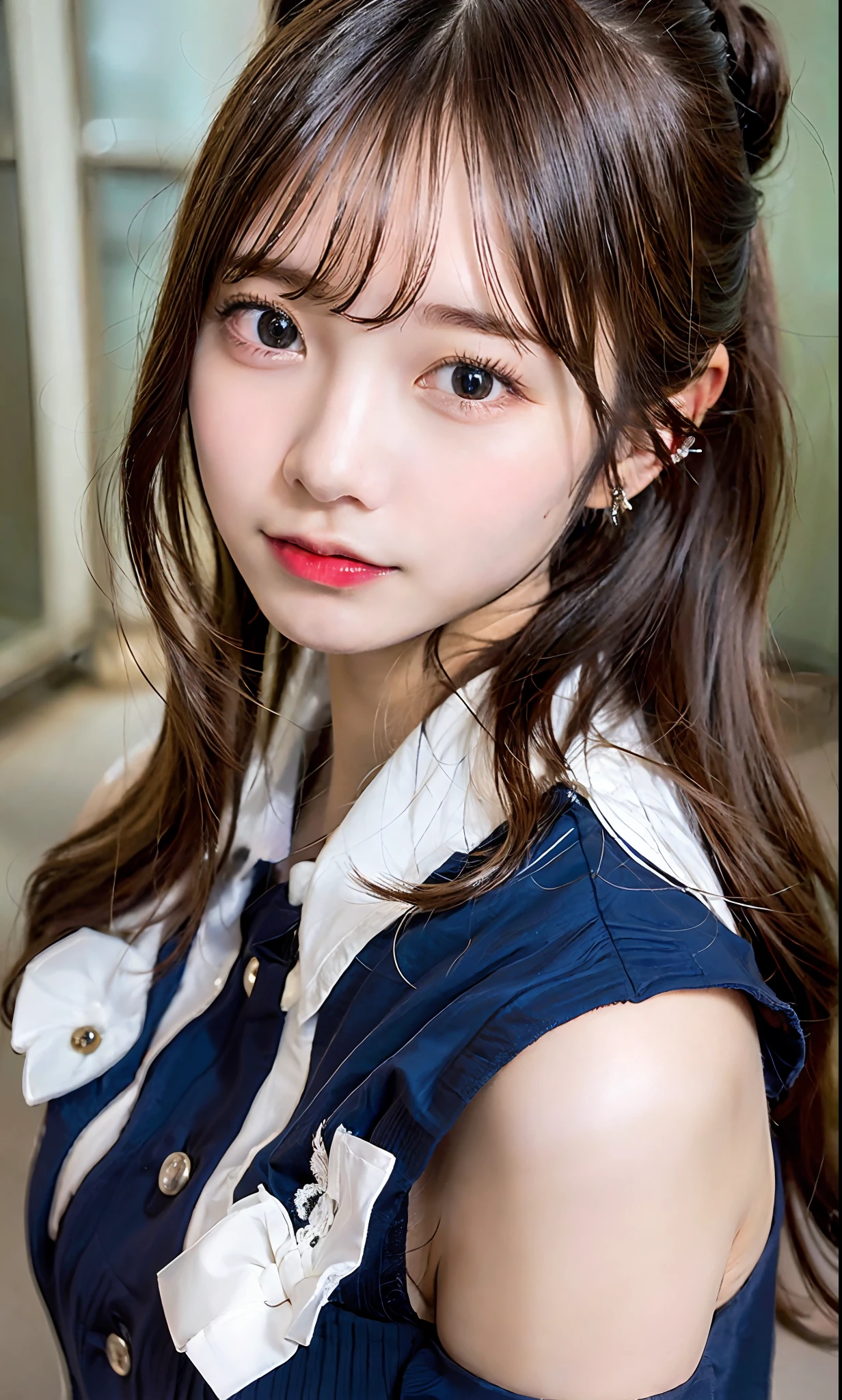ulzzang-6500-v1.1, (Raw photo:1.2), (Photorealistic:1.4), Beautiful detailed girl, Very detailed eyes and face, Beautiful detailed eyes, Ridiculous, Incredibly ridiculous, Huge file size, Ultra detailed, High resolution, Very detailed, Best quality, Masterpiece, Kemomimi, ((Japan girls' high school sailor suit)), Illustration, Very detailed, CG, unification, 8k wallpaper, fantastic, fine details, masterpiece, best quality, highly detailed cg uniform 8k wallpaper, light on face, movie lighting, 19 year old girl, (smile)), ((dynamic pose))), ((big), (dark blue skirt), (model body type)), dark brown hair color, ponytail hairstyle, transcendent beautiful girl,