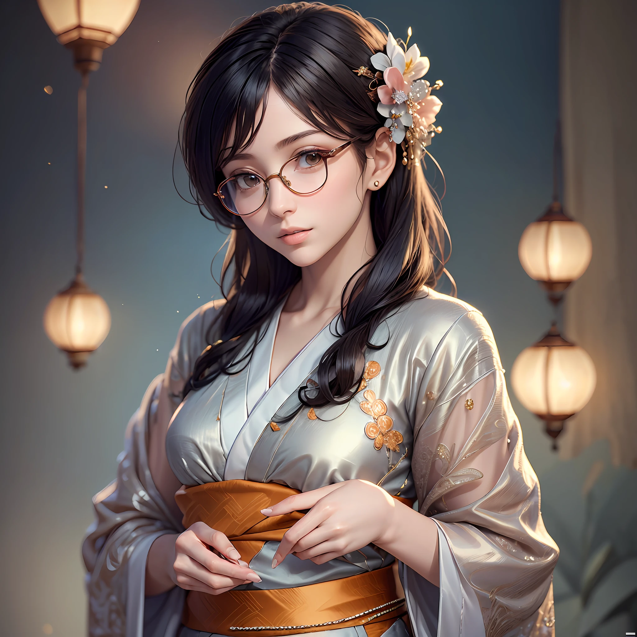 (Masterpiece), ((Best Quality)),(Official Art),Beautifully Indulgent:1.3),(Dress),(1 Girl: 1.3), Woman with silver round-rimmed glasses,Behind the woman countless lanterns glow pale orange,Woman in a red kimono with a detailed and delicate design,Praying figure,Empathetic expression,Detailed drawing. Bright colors. Black hair, colorful, supreme detail ((super detailed)), ((very detailed 3DCG)), ((very delicate and beautiful)) --auto --s2