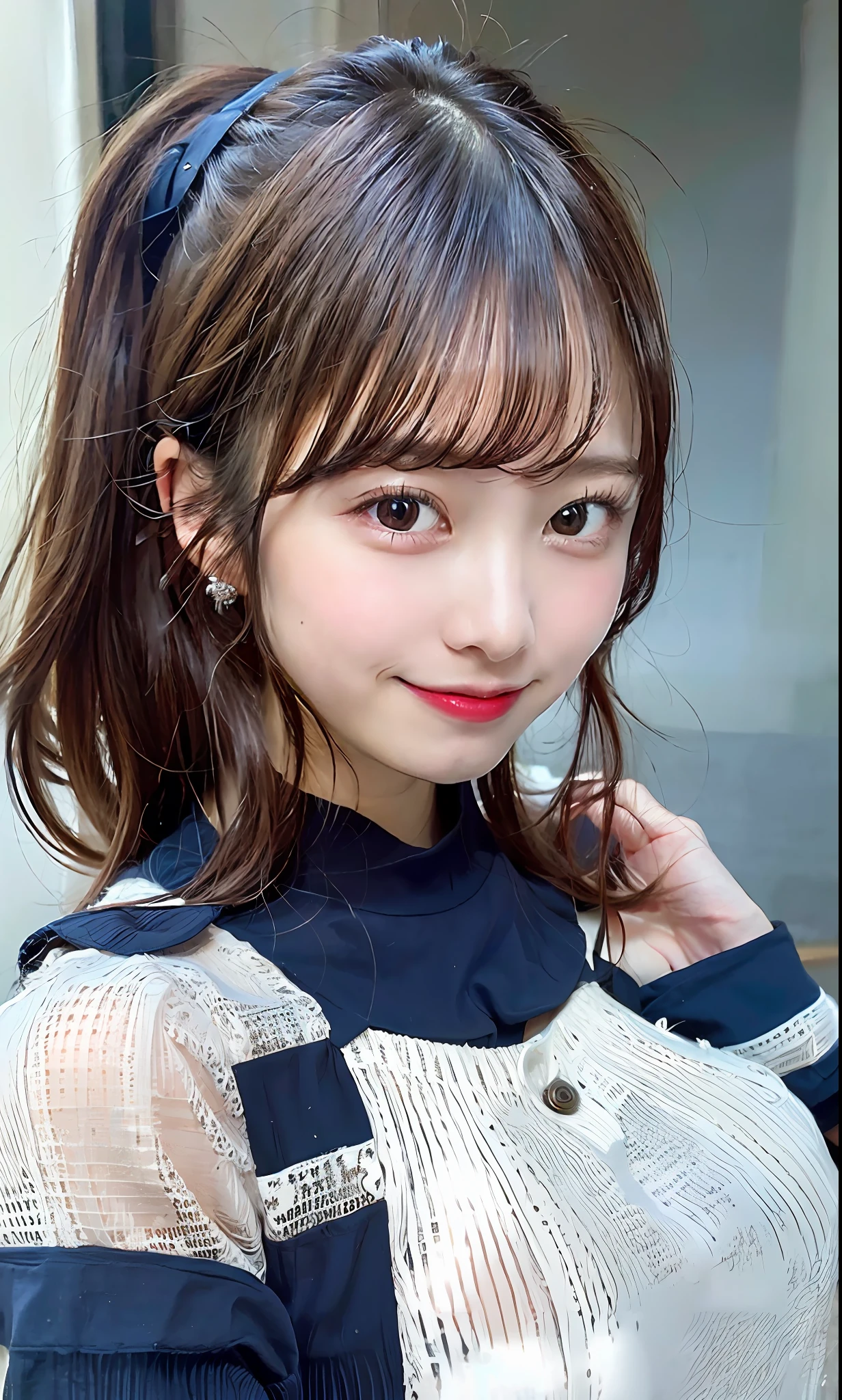 ulzzang-6500-v1.1, (Raw photo:1.2), (Photorealistic:1.4), Beautiful detailed girl, Very detailed eyes and face, Beautiful detailed eyes, Ridiculous, Incredibly ridiculous, Huge file size, Ultra detailed, High resolution, Very detailed, Best quality, Masterpiece, Kemomimi, ((Japan girls' high school sailor suit)), Illustration, Very detailed, CG, unification, 8k wallpaper, fantastic, fine details, masterpiece, best quality, highly detailed cg uniform 8k wallpaper, light on face, movie lighting, 19 year old girl, (smile)), ((dynamic pose))), ((big), (dark blue skirt), (model body type)), dark brown hair color, ponytail hairstyle, transcendent beautiful girl,