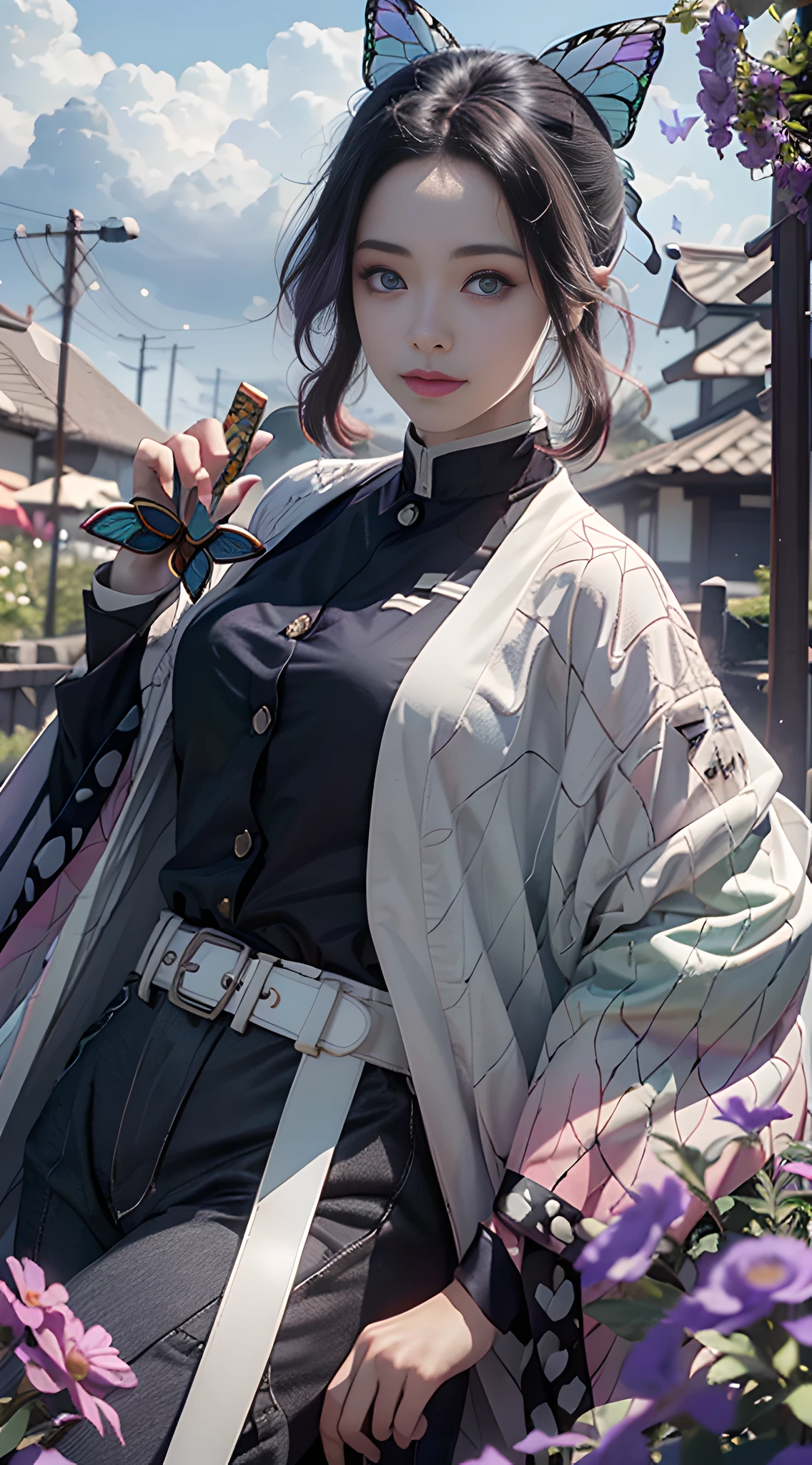 Ultra-realistic 8k CG, masterpiece, close-up, (dynamic pose: 1.3), beauty, goddess, from the front, from the front, face sticking out, (super detailed background, delicate patterns, intricate details)), high quality, highly detailed face, highly detailed eyes and face, highly detailed eyes, kocho shinobi, multicolored hair, no bangs, hair intake, purple eyes, forehead, black shirt, black pants, (haori, Butterfly: 1.3, button, belt), (garden: 1.2), purple flowers, red cliffs, cloudy sky, sunlight, tyndall effect, gradient_sky, face, gorgeous sky, waist sword,