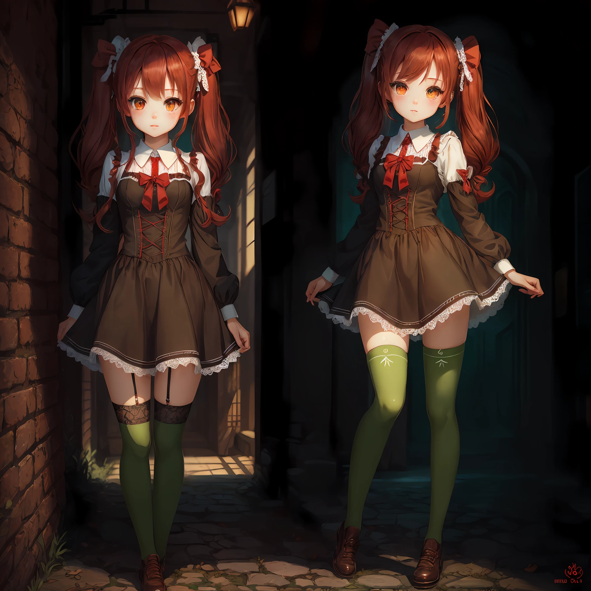 Beautiful Girl,Red Hair,Lace Clothes,2D Illustration,Gothloli,Sweet Loli,Half Twin Tails,Knee High Socks,Inner Color Green,Big,Super Cute,(Best Quality),Full Body ,(Masterpiece),(Super Detailed),Single,Red Eyes,Semi Long Hair --auto