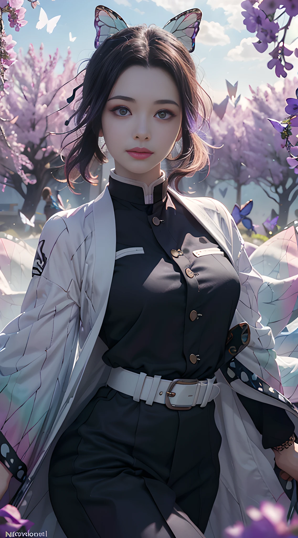 Ultra-realistic 8k CG, masterpiece, close-up, (dynamic pose: 1.3), beauty, goddess, from the front, from the front, face sticking out, (super detailed background, delicate patterns, intricate details)), high quality, highly detailed face, highly detailed eyes and face, highly detailed eyes, kocho shinobi, multicolored hair, no bangs, hair intake, purple eyes, forehead, black shirt, black pants, (haori, Butterfly: 1.3, button, belt), (garden: 1.2), purple flowers, red cliffs, cloudy sky, sunlight, tyndall effect, gradient_sky, face, gorgeous sky, waist sword,