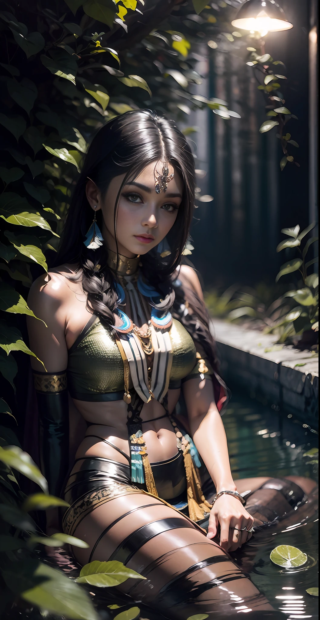 CREATE AN IMAGE OF A COLORFUL NATIVE INDIAN IN A RIVER WITH FOREST WITH A LIGHT TOUCH OF MYSTERY AND SENSUALITY. WITH HIGH TO QUALITY TO GROW IMAGE,IMAGE WITH REALISM  , sitting --auto --s2