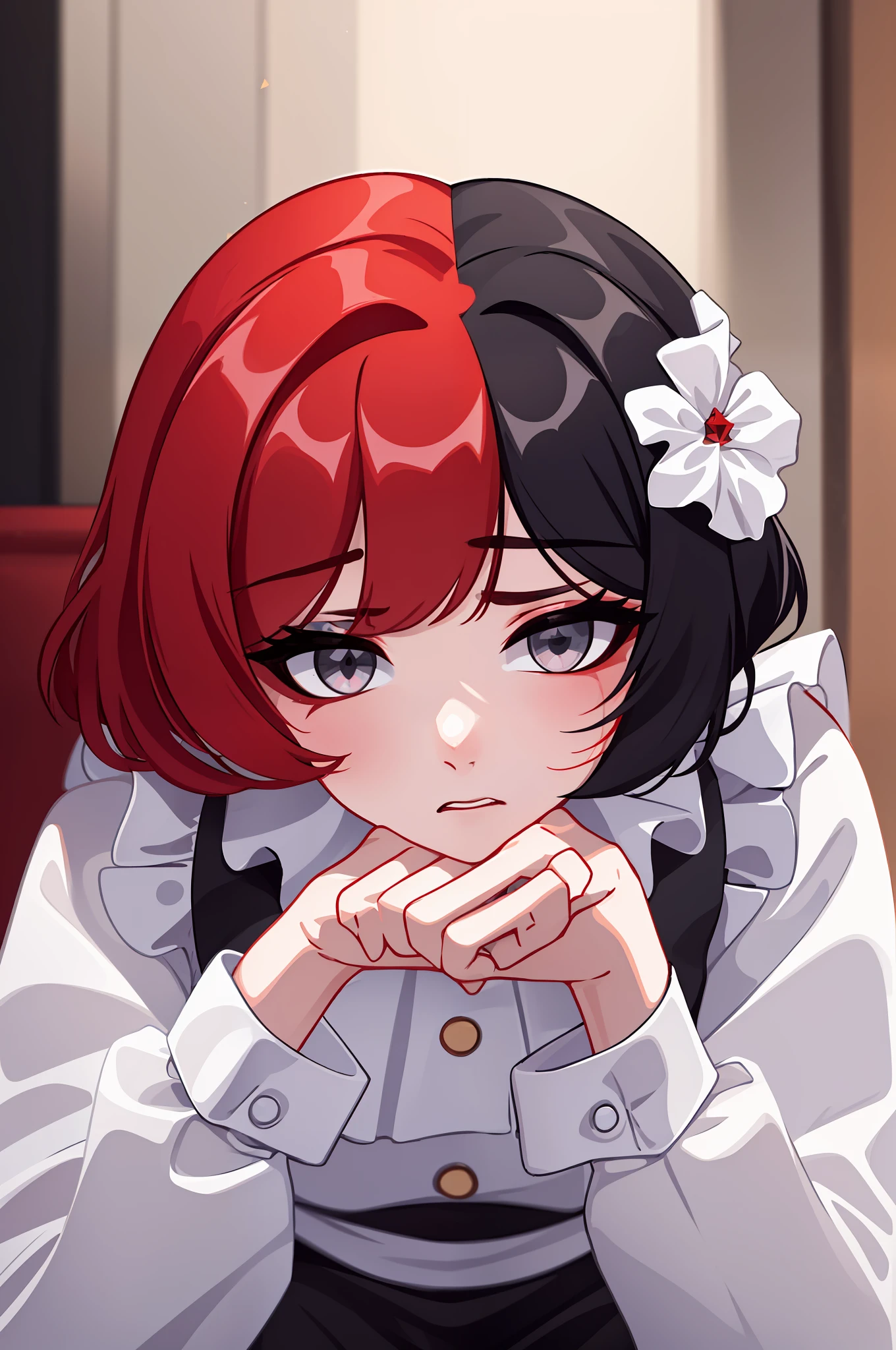 ((masterpiece, Best Quality))), solo, 1girl, ((red hair, black hair, multicolored hair)), short hair, white tights, sitting, close-up, photorealism, photorealism, surprised, puzzled, sad, maid costume, very long sleeves, hands under sleeves