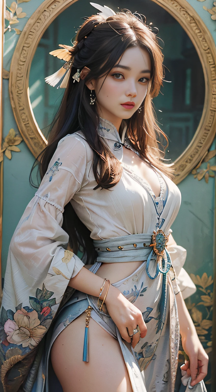 High quality, masterpiece, masterpiece, delicate facial features, delicate hair, delicate eyes, delicate colored hair, 4K picture quality, brilliant light and shadow, Tyndall effect, halo, messy hair, youthful state, gorgeous scene, exquisite clothes, chains, feathers, big eyes of ancient Chinese beauties very detailed, digital painting, artstation, concept art, clear focus, illustrations, art by greg rutkowski and alphonse mucha and victo ngai, thighs
